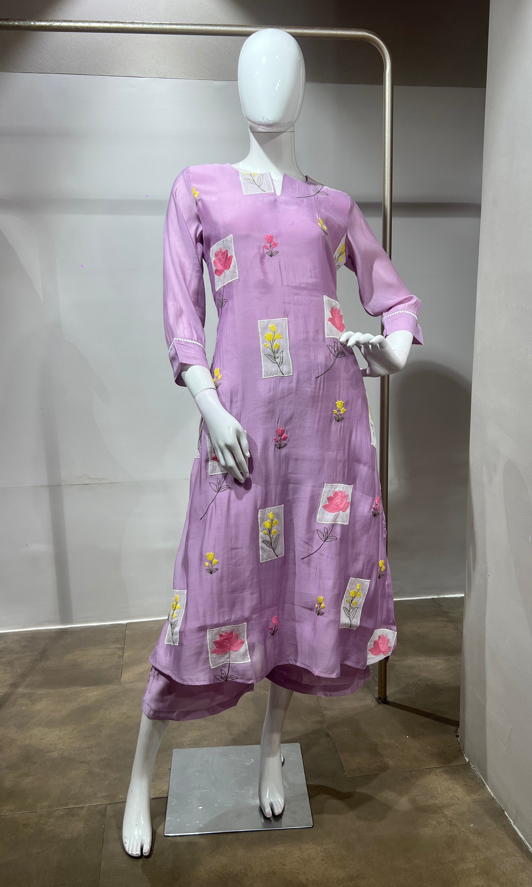 Lavender Patchwork Embroidered Kurta Set with Dupatta