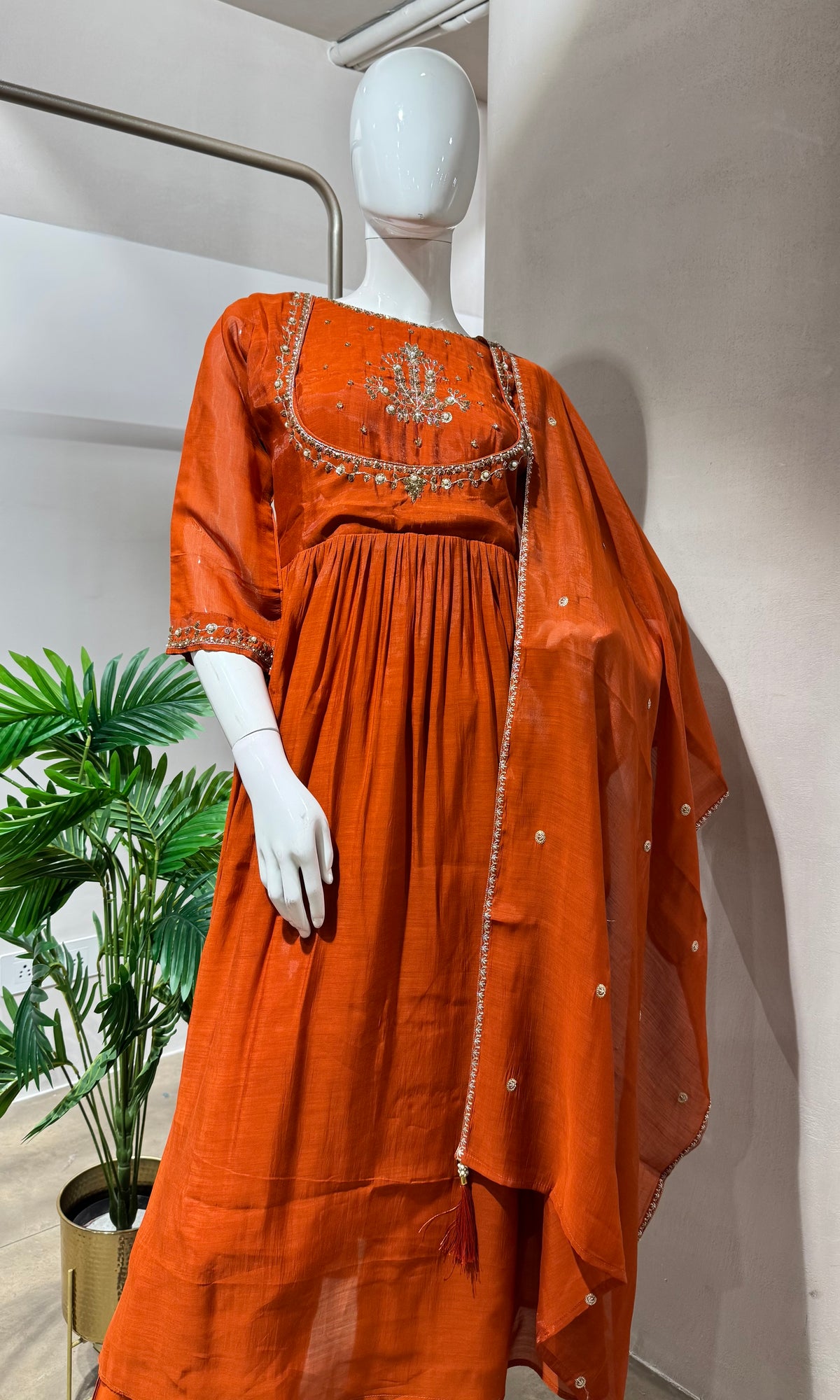 RUST EMBROIDERY MUL CHANDERI KURTA SET