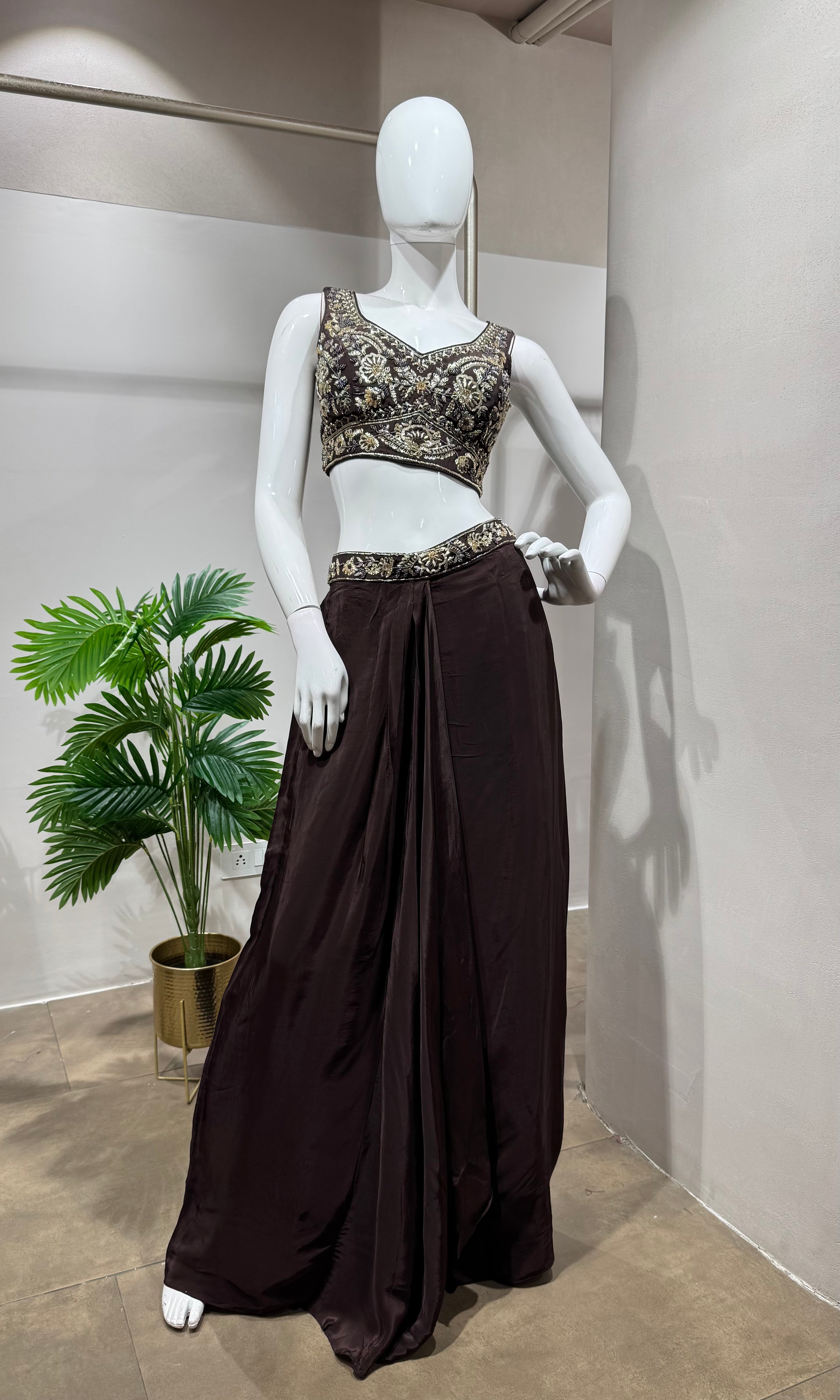 Brown silk drape skirt with cape & crop top