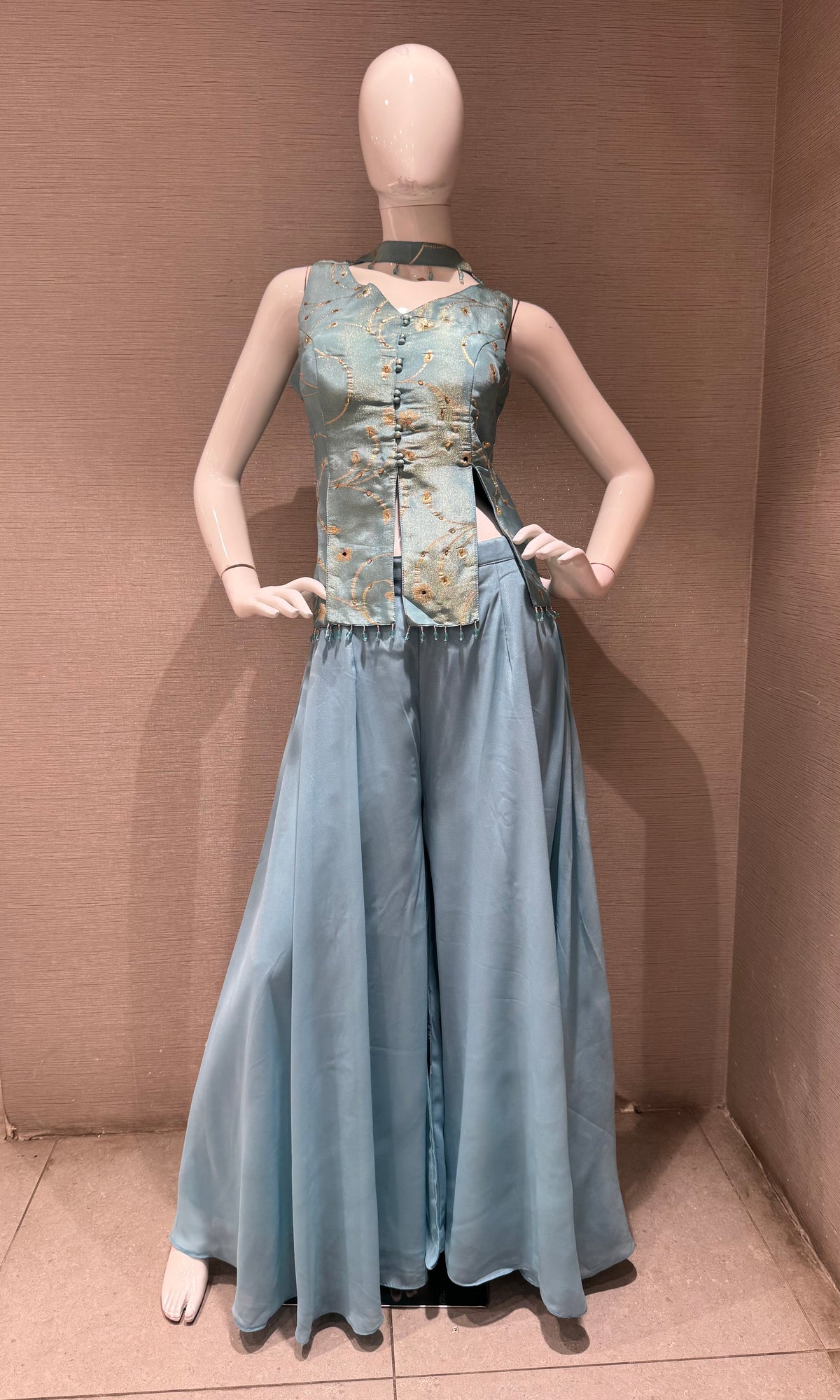 Sky Blue Floral Brocade Top & Georgette Palazzo Set