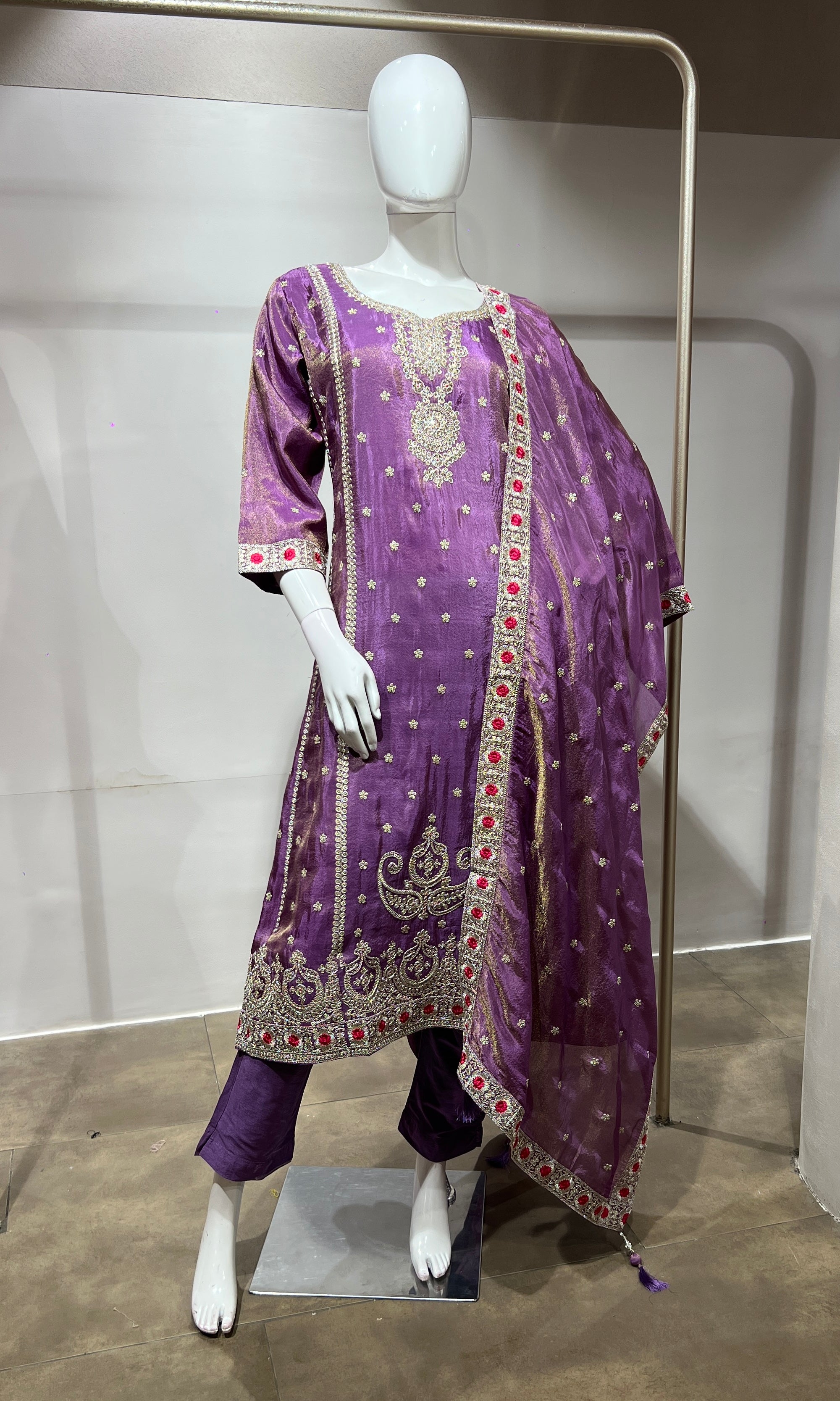 Lilac Silk Embroidered Kurta Suit with Dupatta