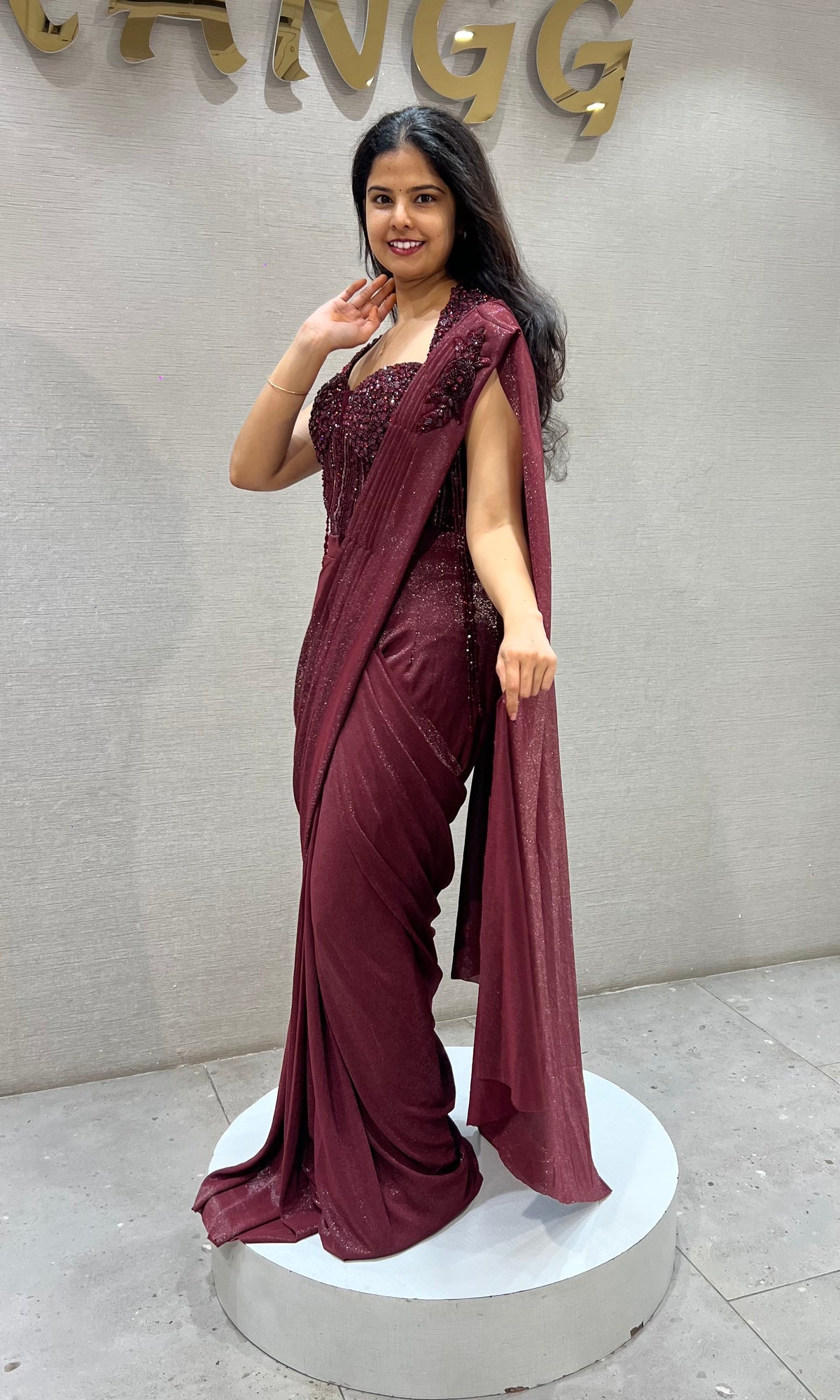 Wine Drape Saree with Embellished Blouse