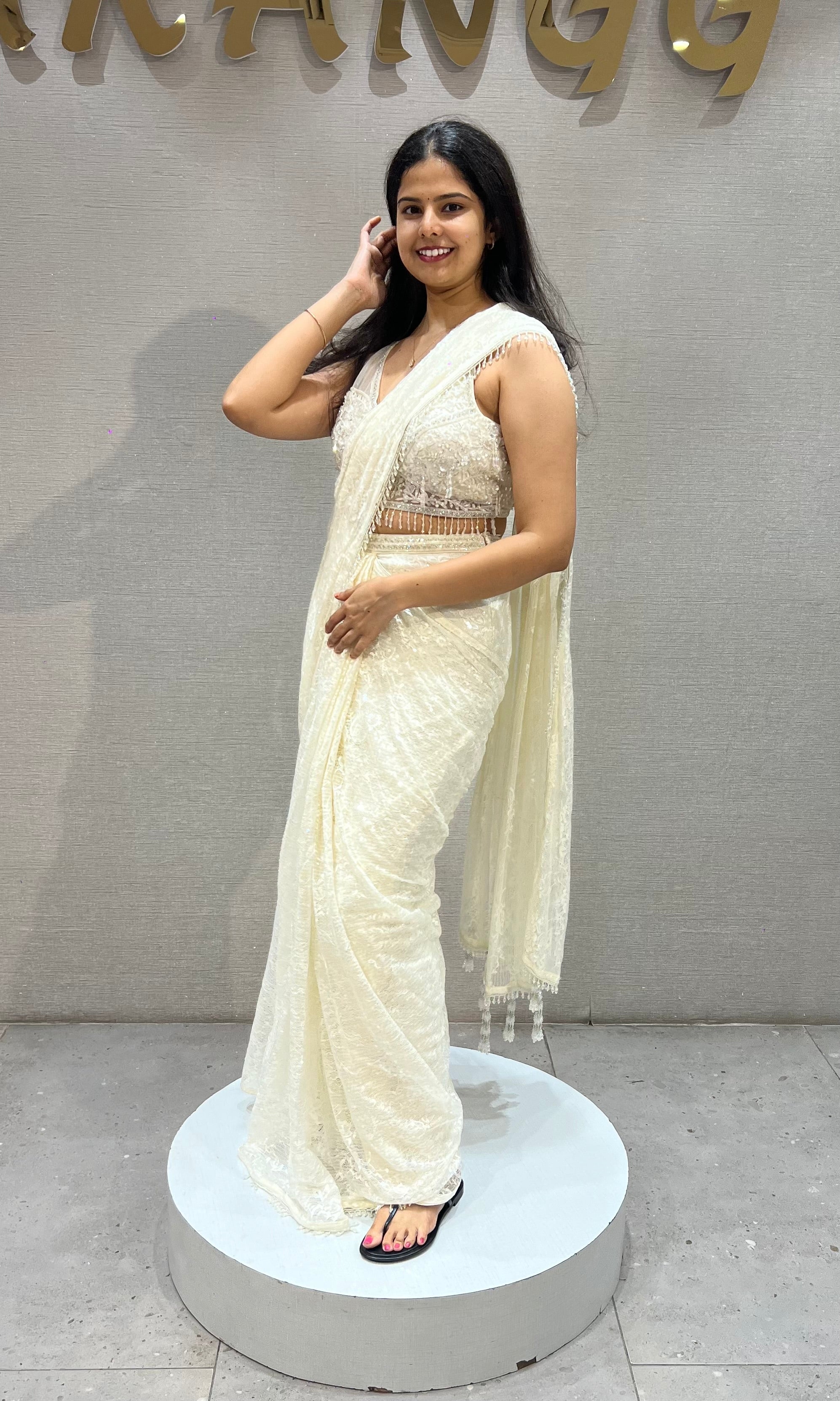 Cream Lace Tissue net Drape Saree with Blouse