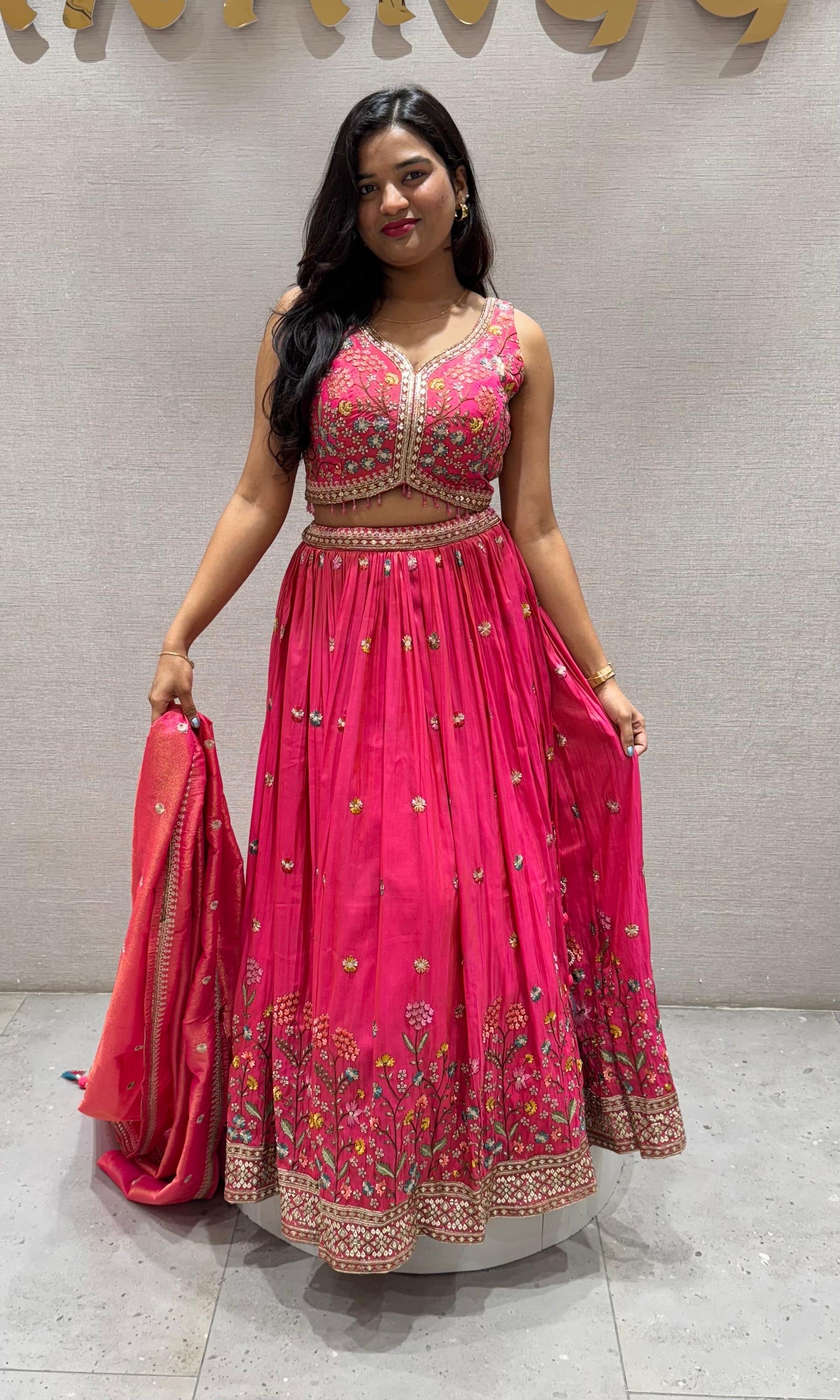 Pink floral embroidered Lehenga
