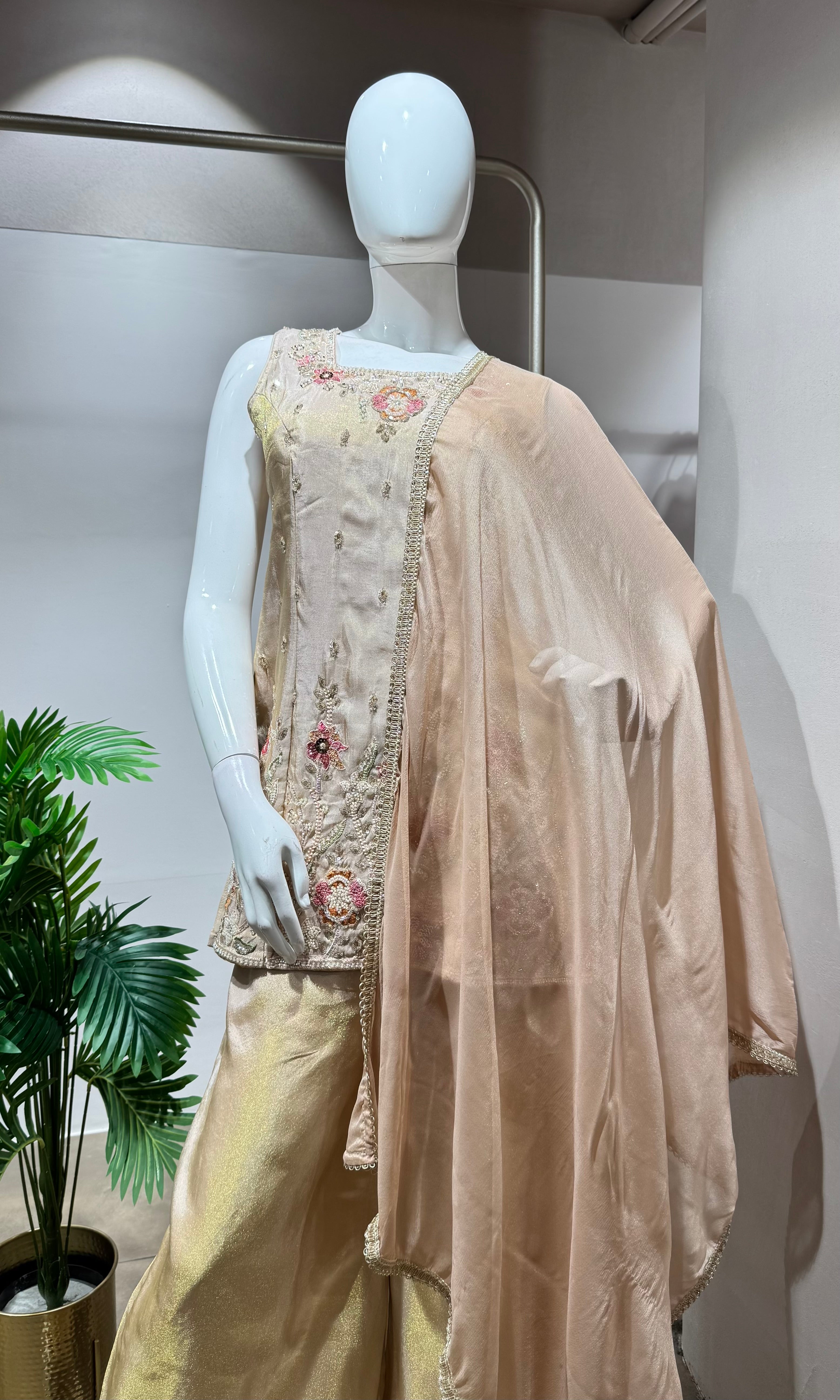 Peach shimmer gold tissue floral embroidery sharara