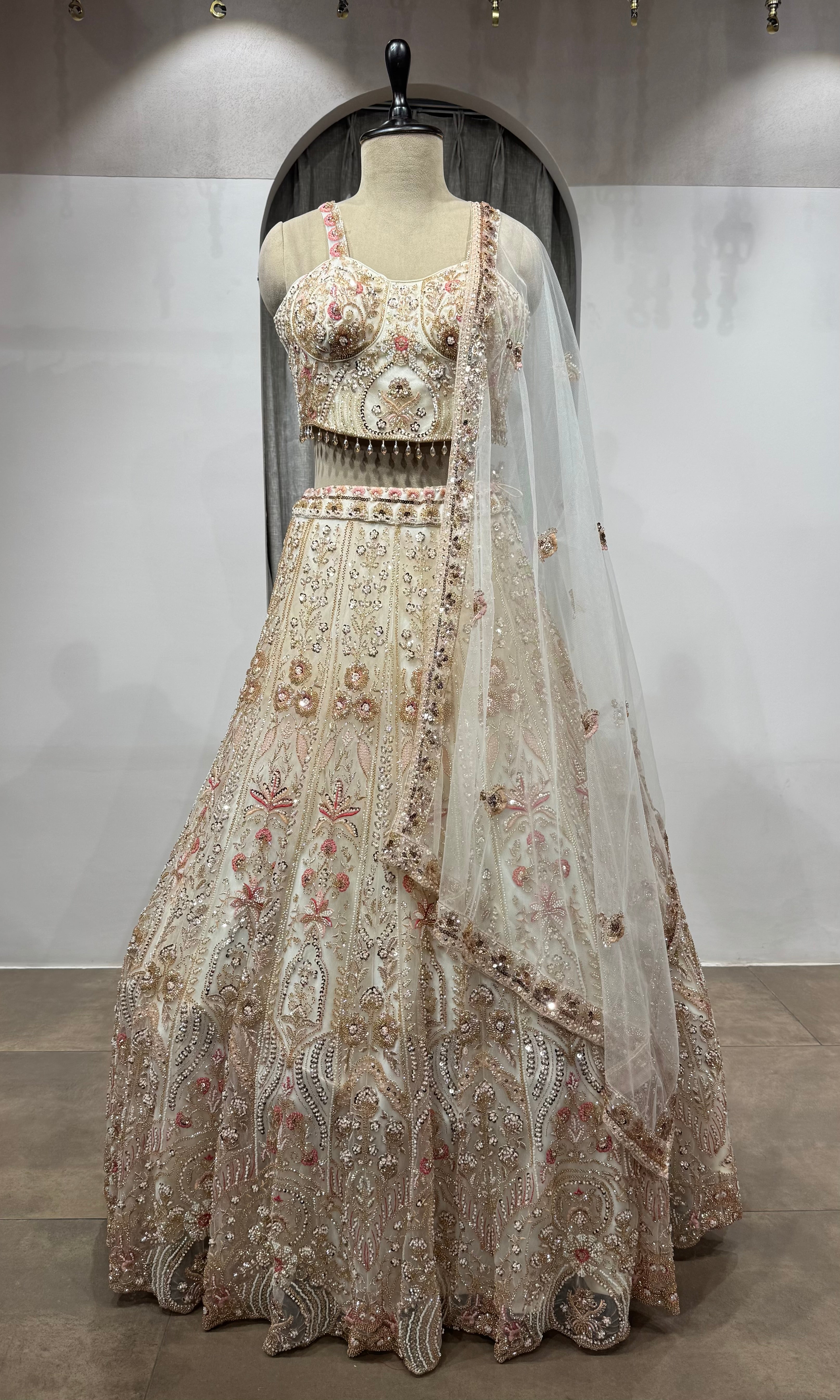 CREAM golden intricate embroidered lehenga