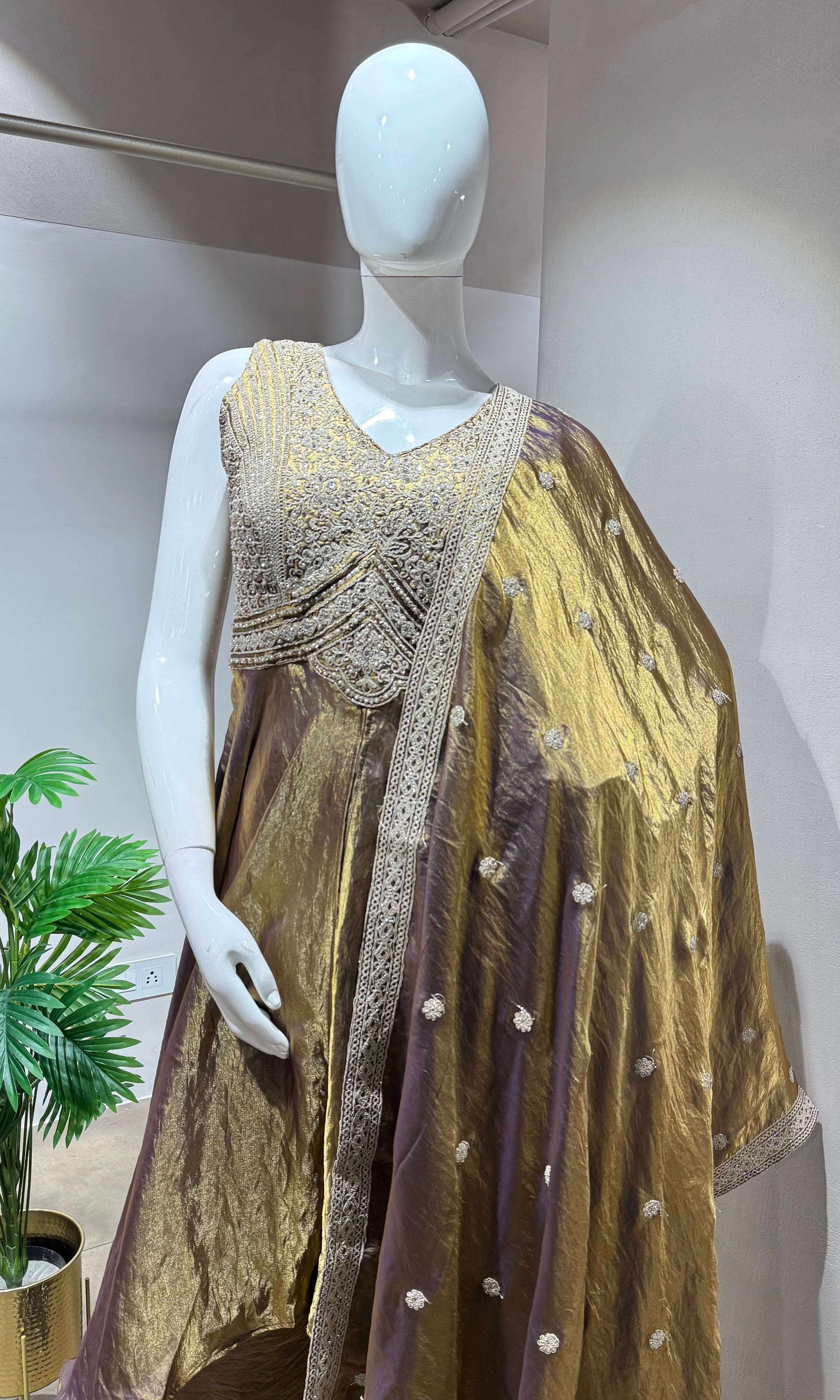 Brown gold shimmer tissue A line anarkali