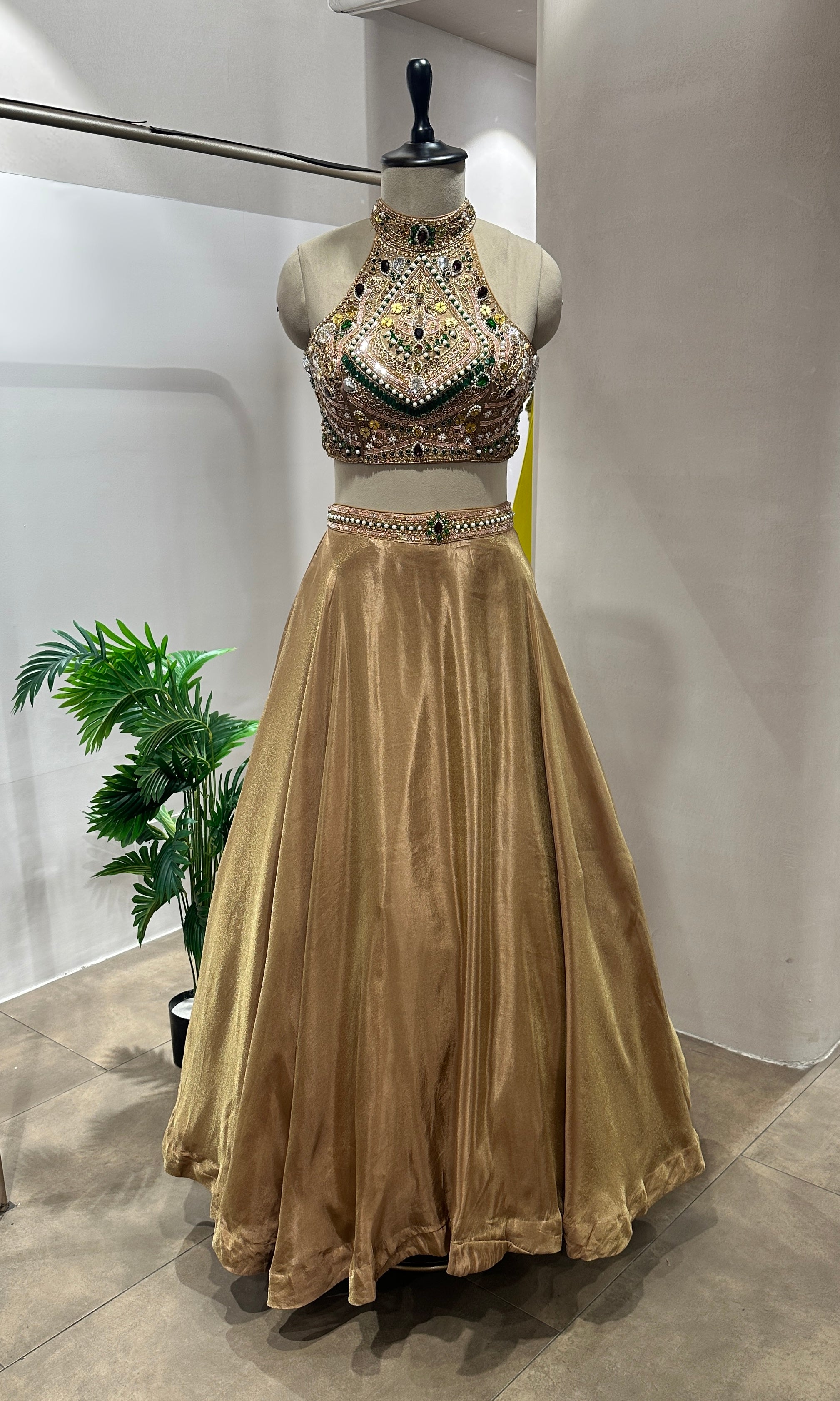 Golden lehenga with embellished halter neck