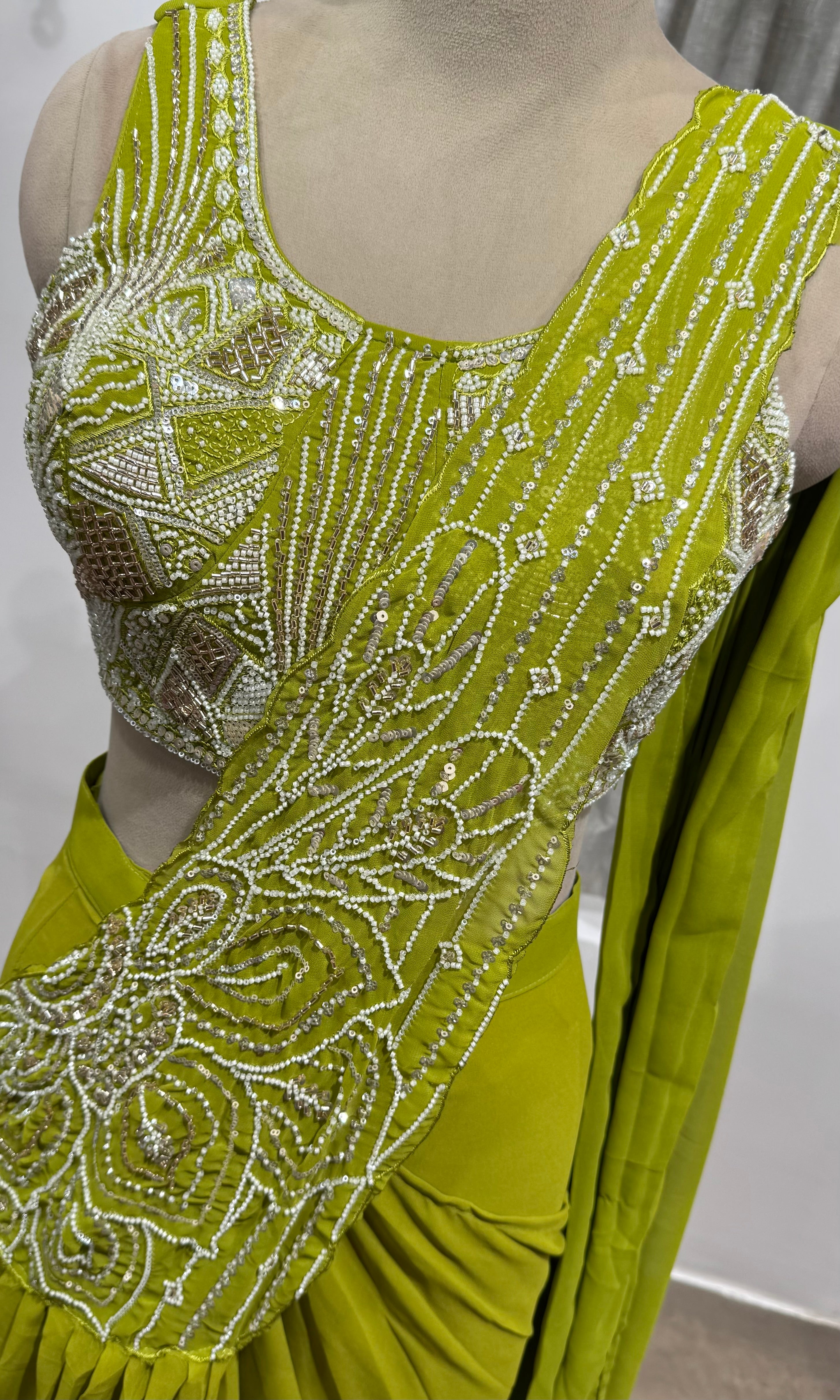 Green Pearl Embellished Pre-Draped Saree
