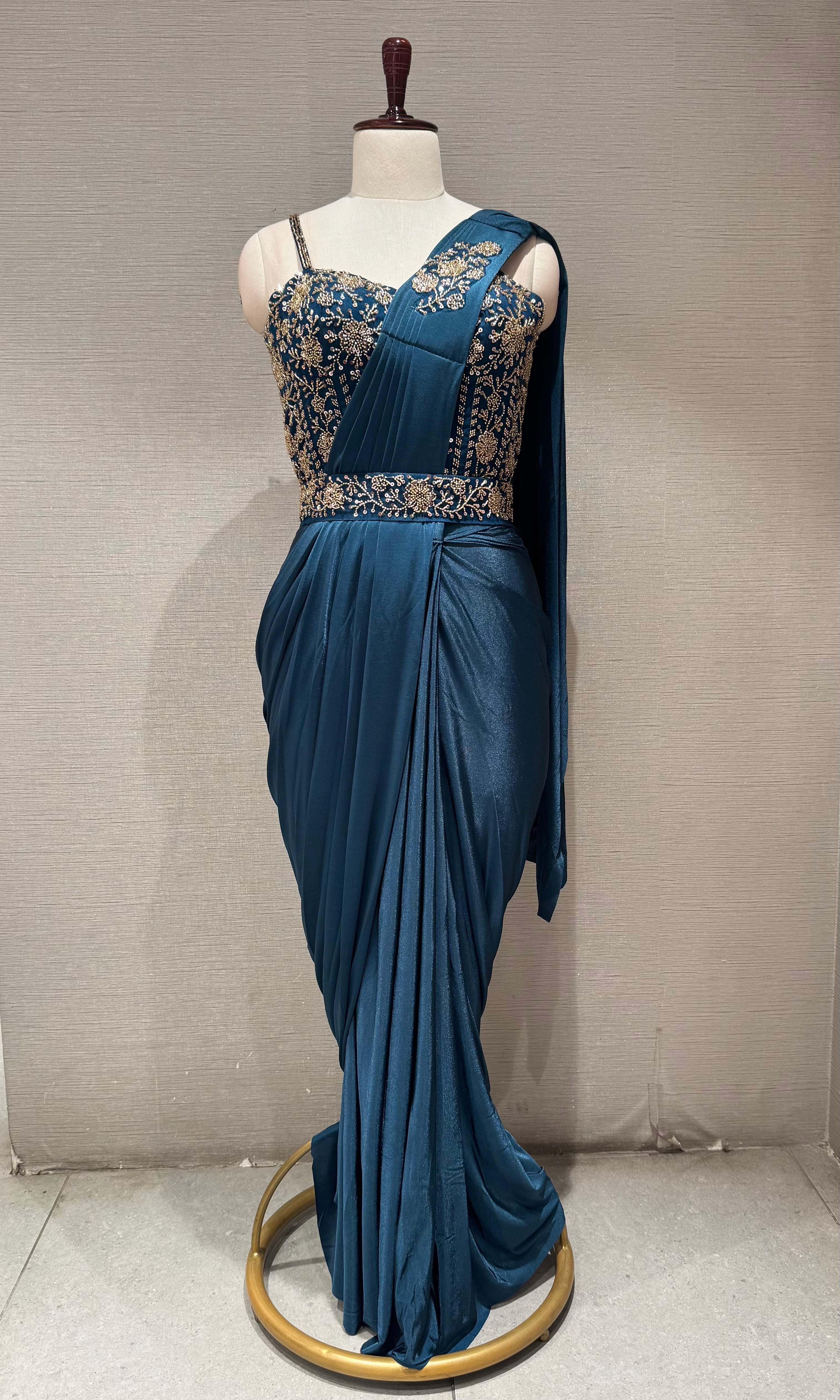 Blue Drape saree with embellished corset blouse