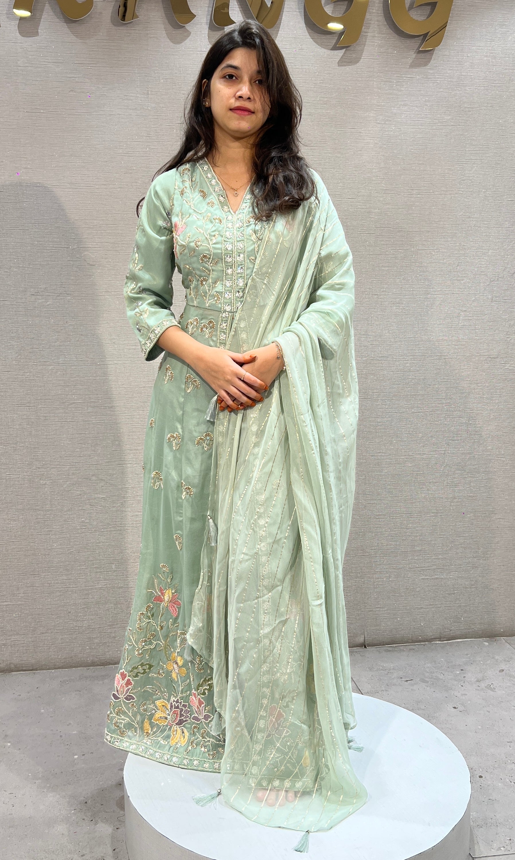 Sea Green Ethnic Anarkali front slit with Palazzo pants