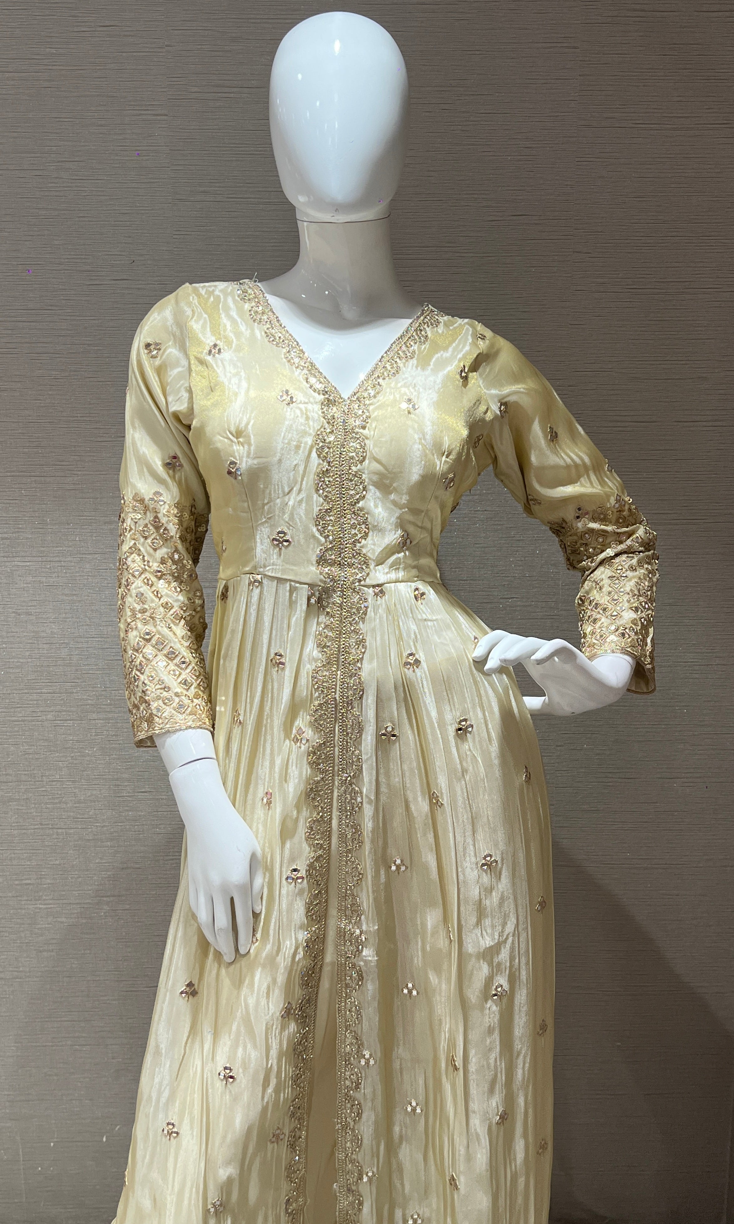 Cream front slit Anarkali kurta set with palazzo