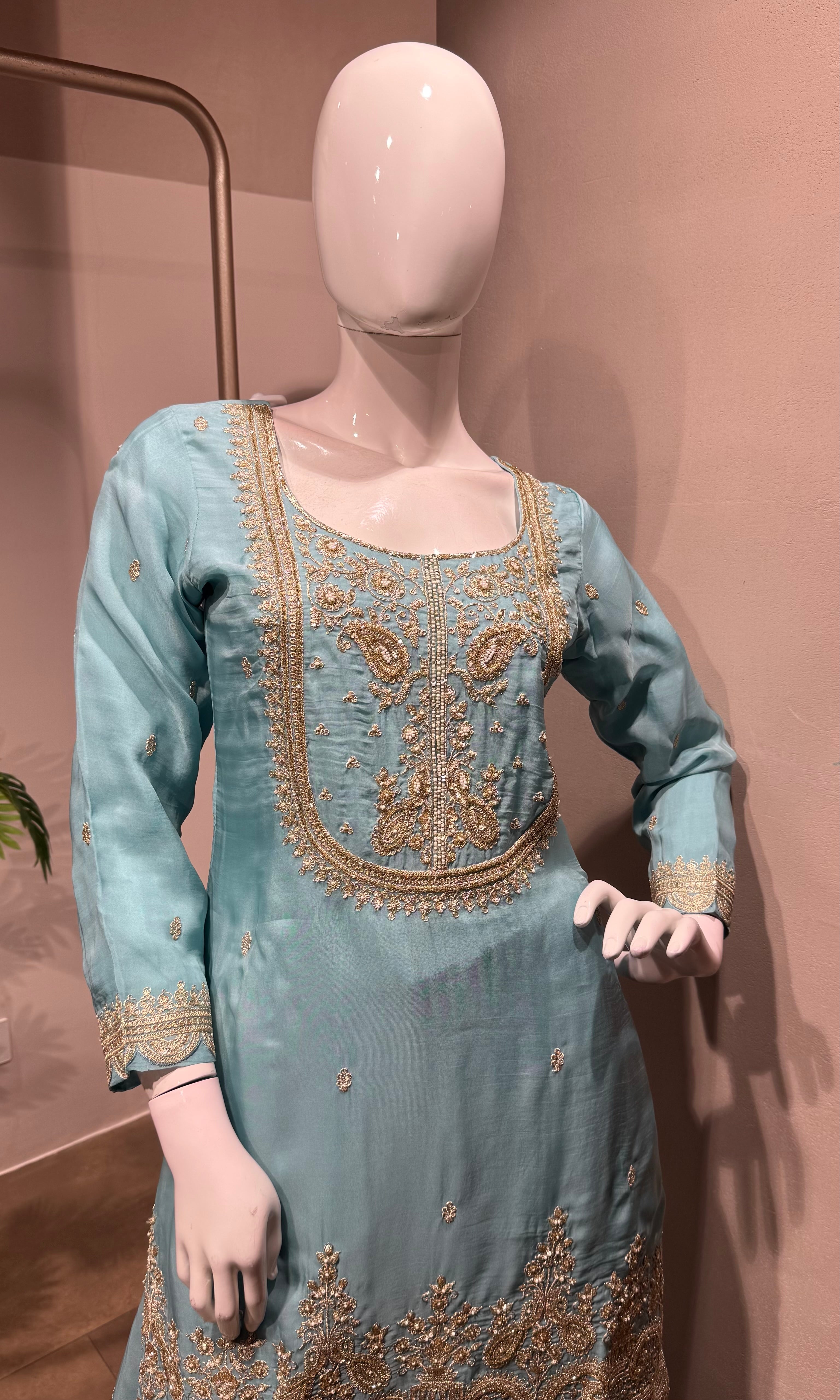 blue and gold embroidered sharara set