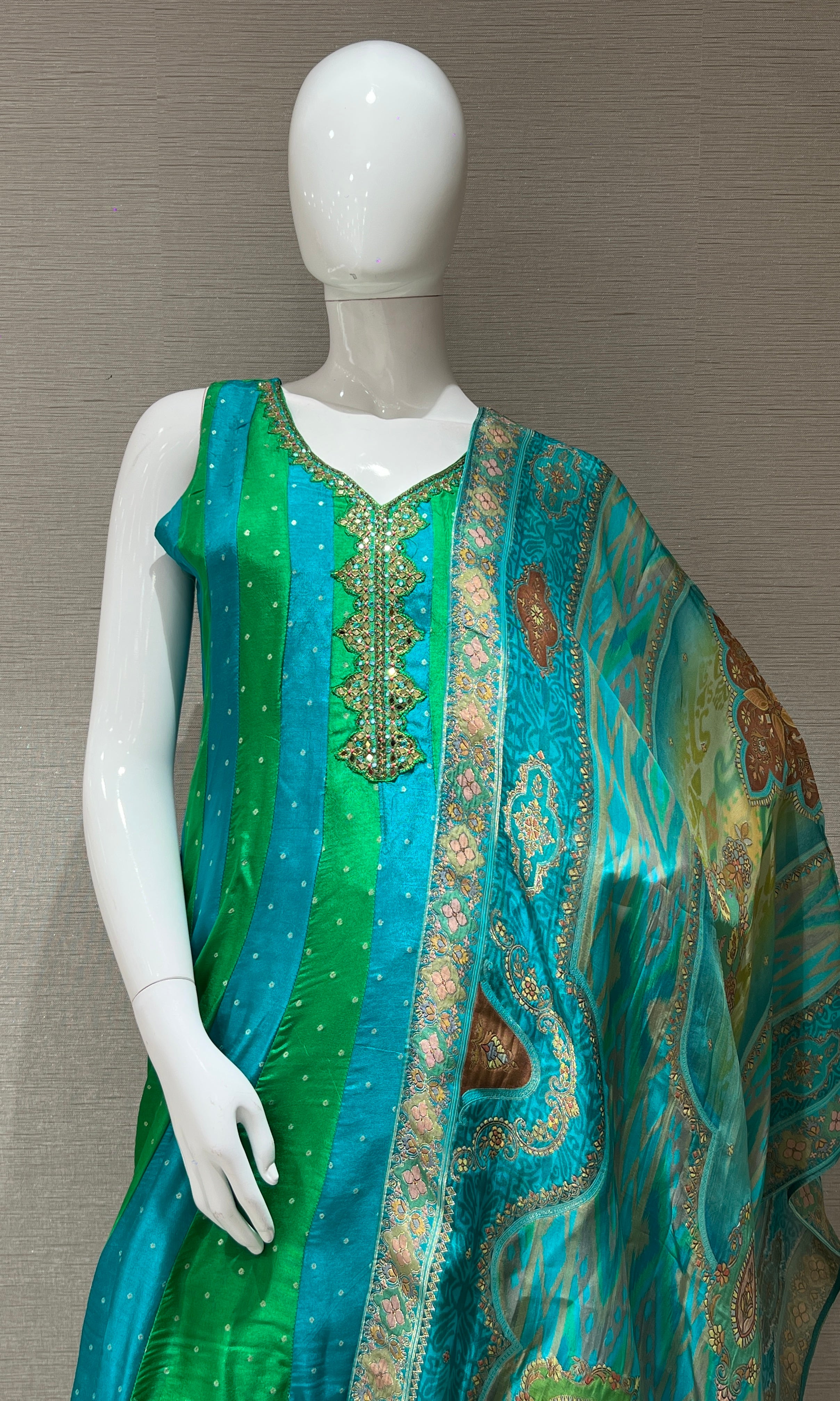 Green Embroidered Anarkali with Contrast Dupatta