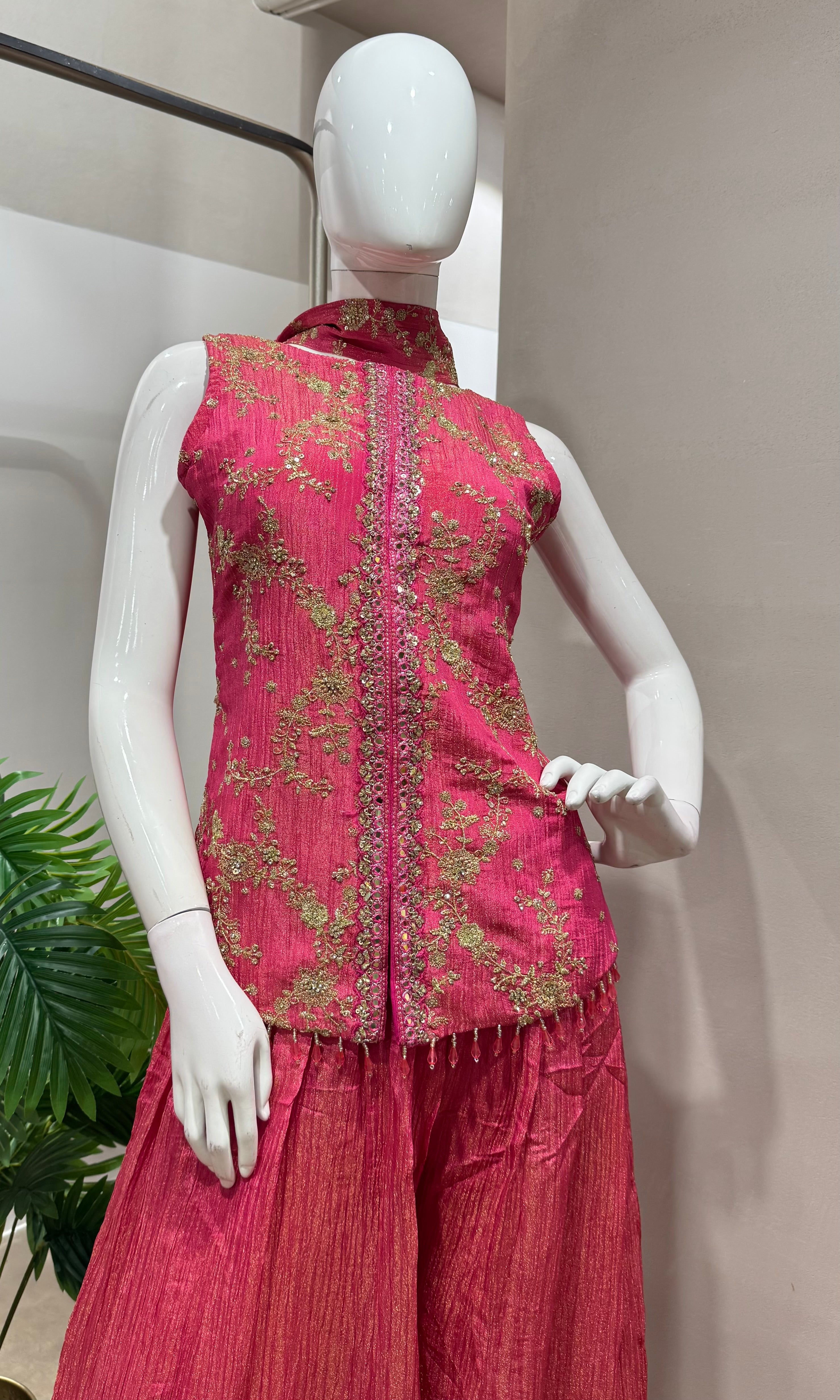 Pink embroidered peplum palazzo set