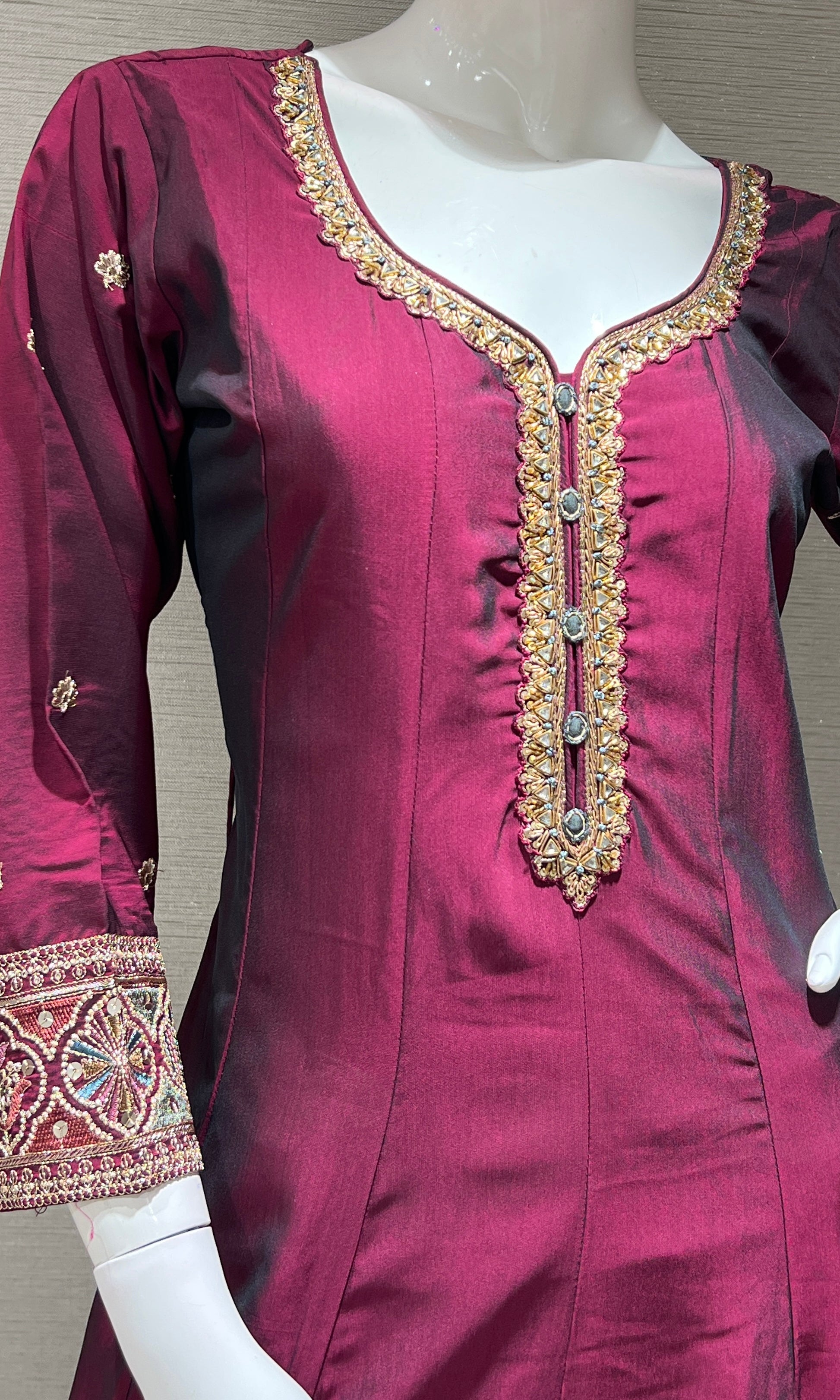 wine gold embroidery anarkali set