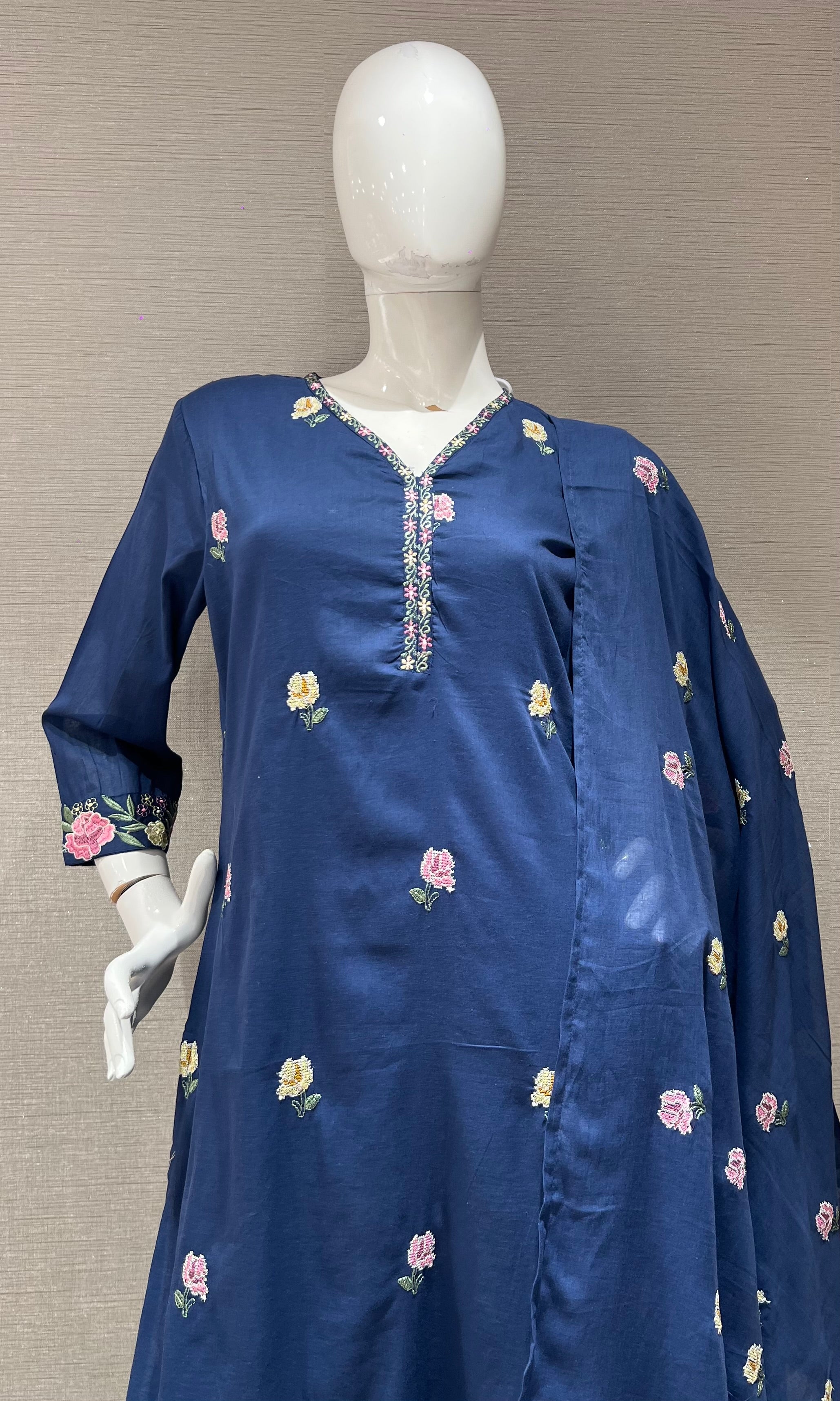Blue Floral Chanderi Ethnic Kurta set