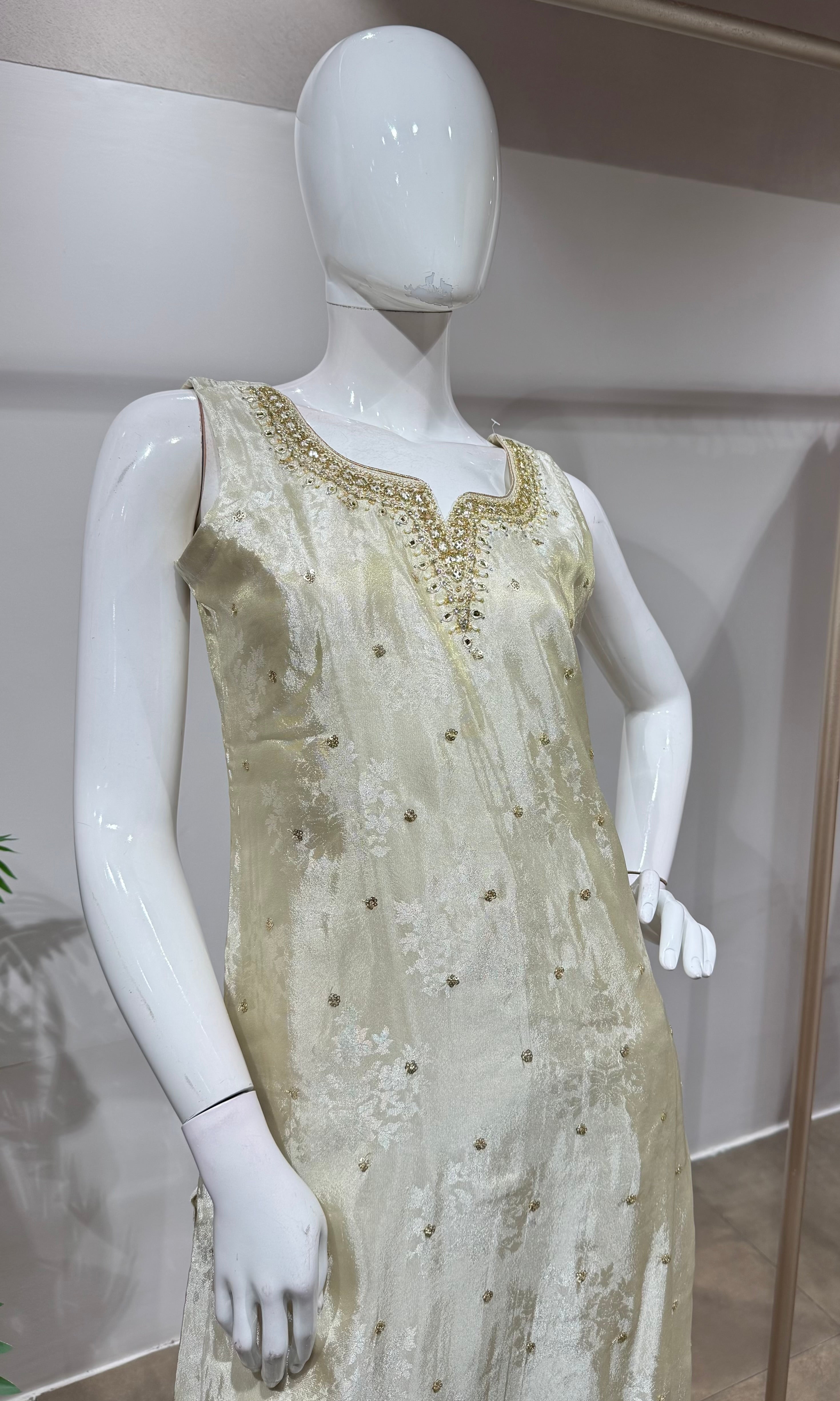 Cream & Gold Floral Embroidered Kurta with Dupatta