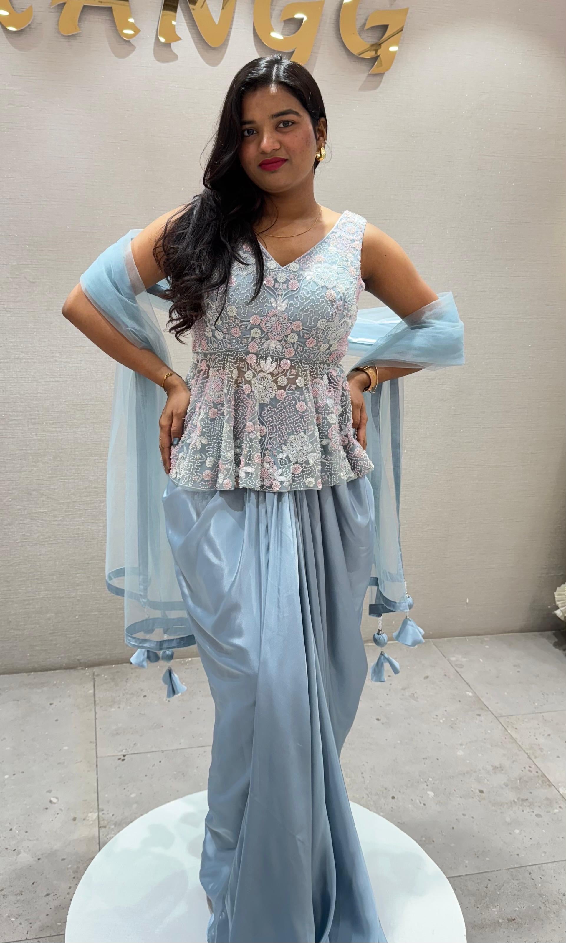 Sea blue EMBROIDERED PEPLUM BLOUSE WITH SKIRT