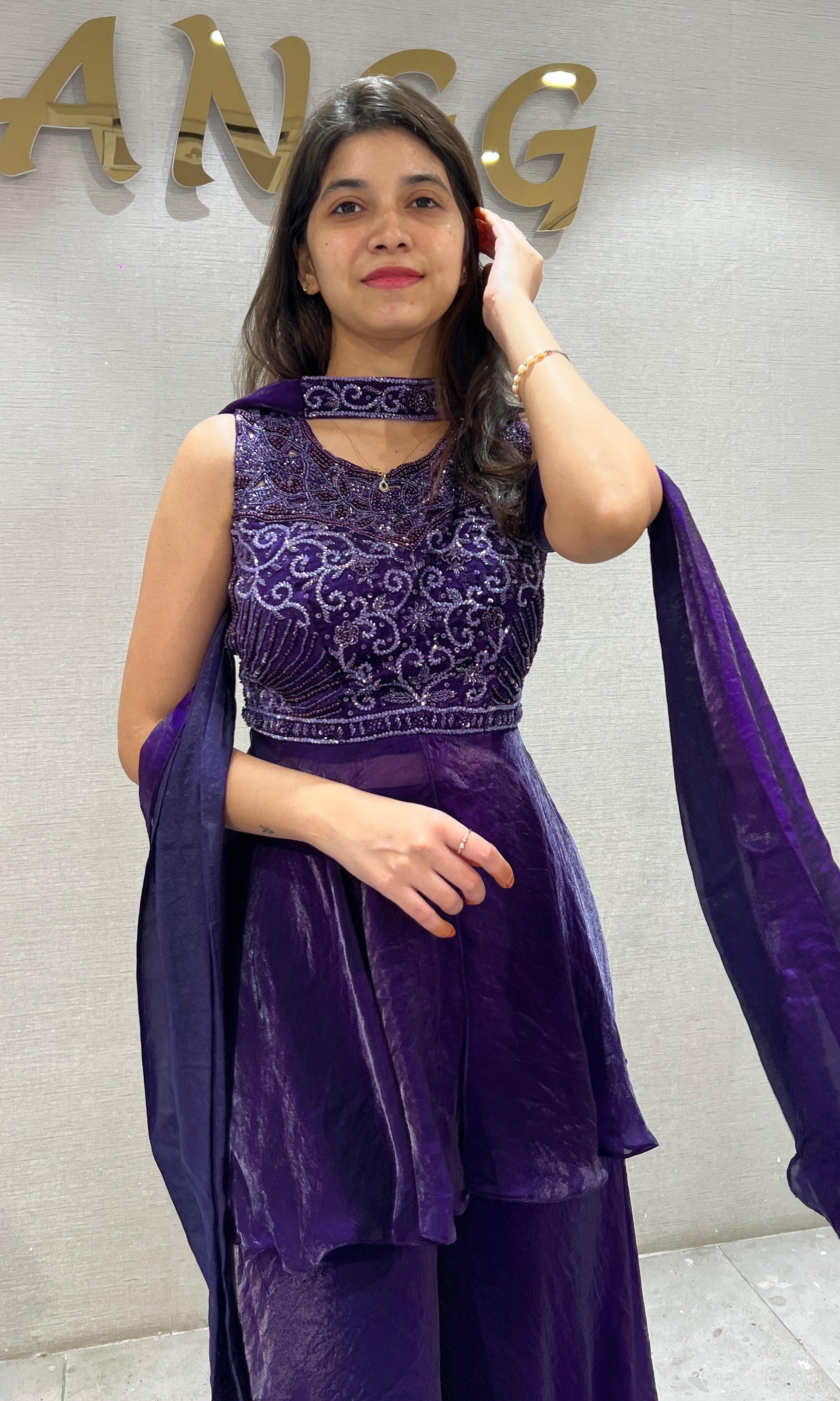 Purple Peplum Top with Flared Palazzo & Choker Dupatta Set