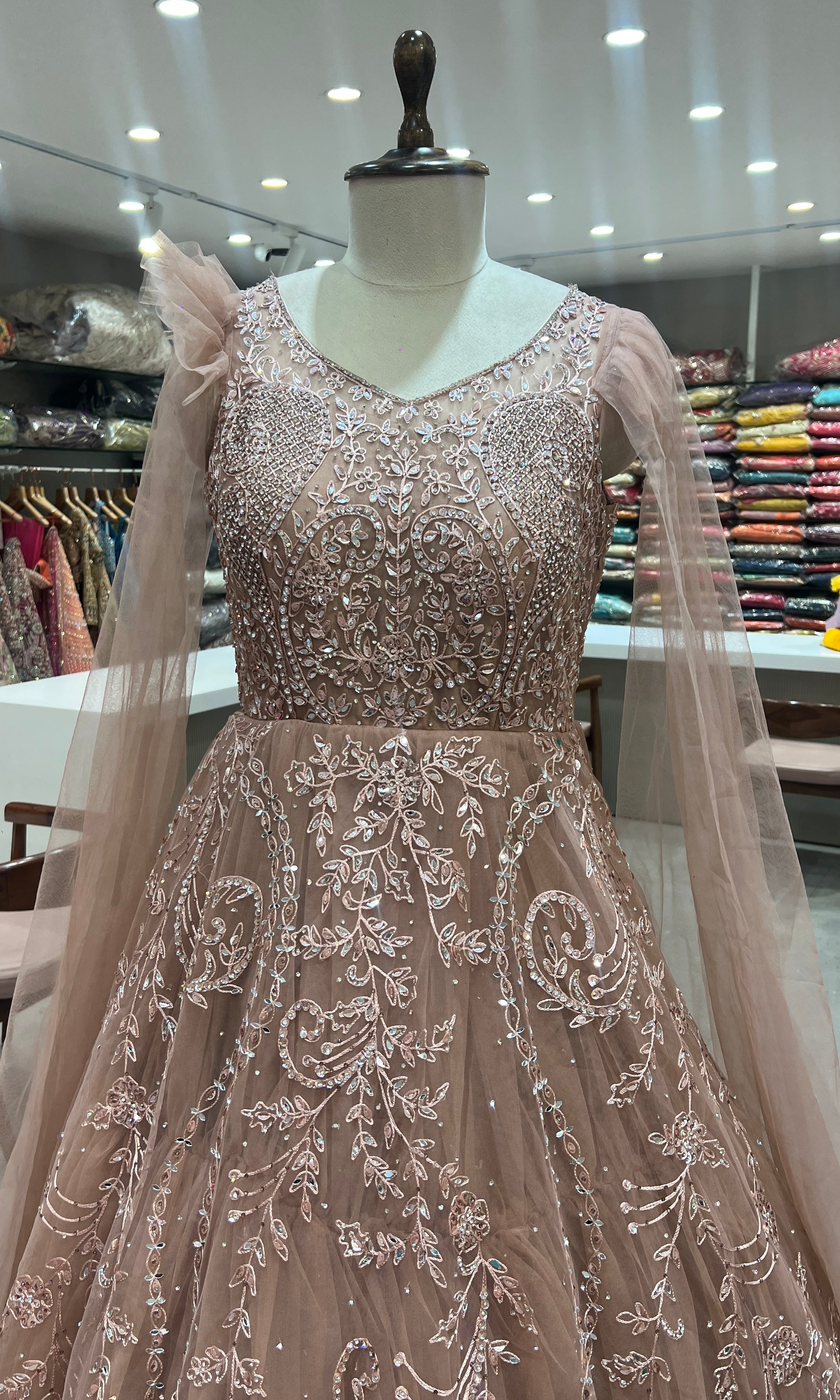 COFFEE BROWN CRYSTAL EMBROIDERY NET GOWN