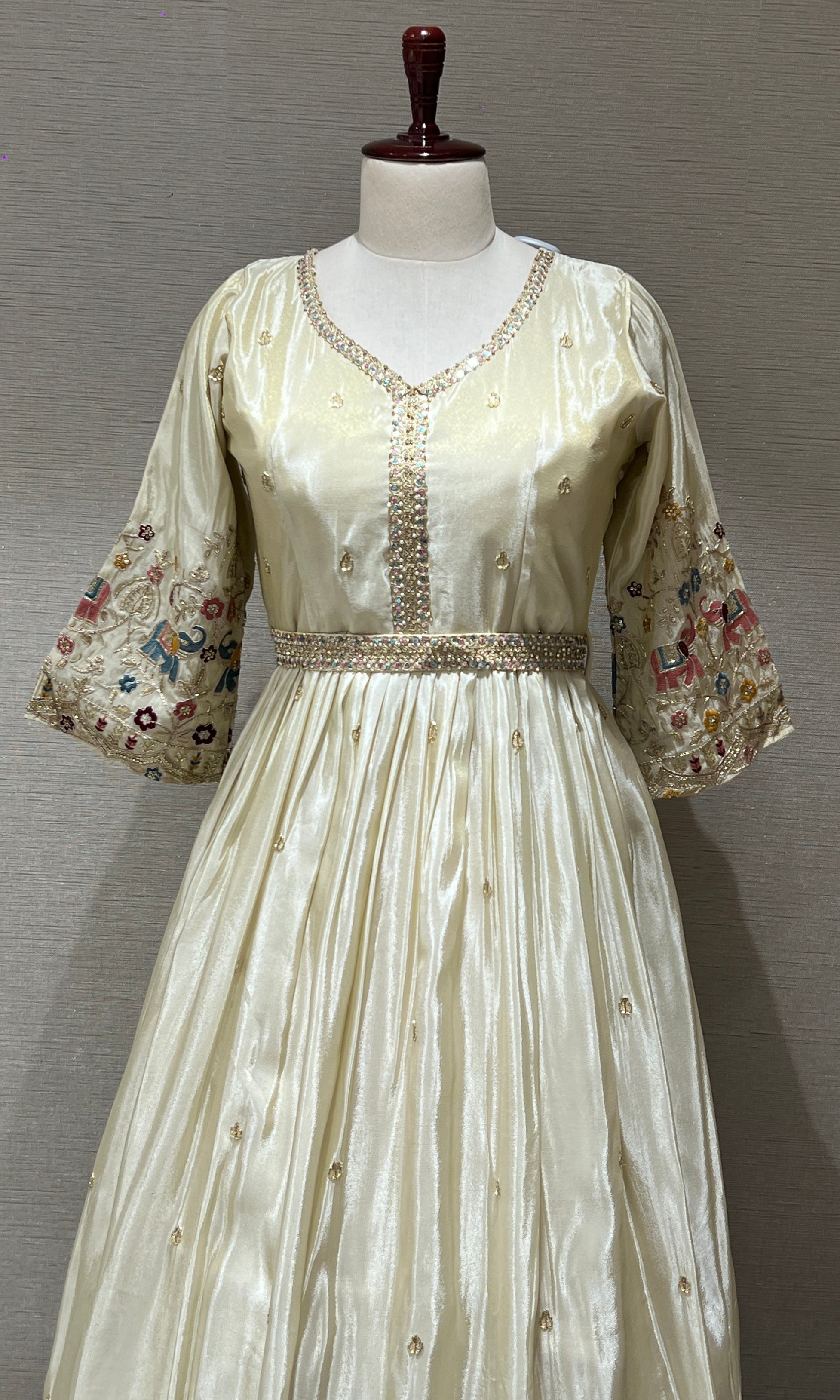 Elegant Cream Anarkali Long Gown with Floral Embroidery