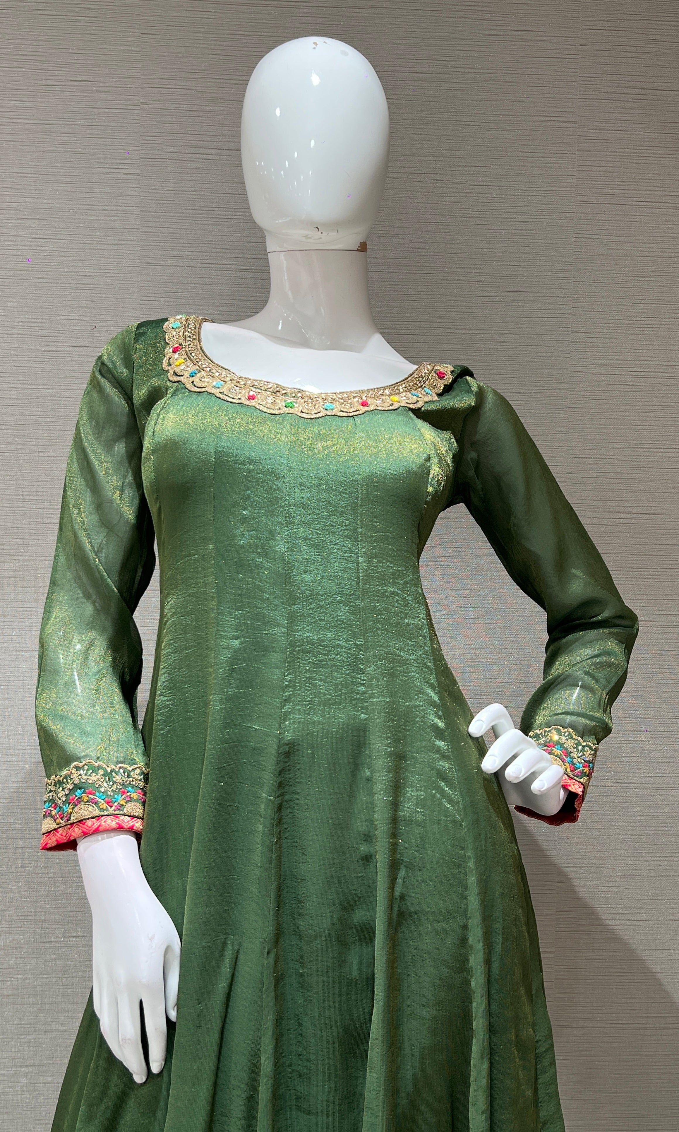 BOTTLE green ANARKALI WITH PRINTED DUPATTA