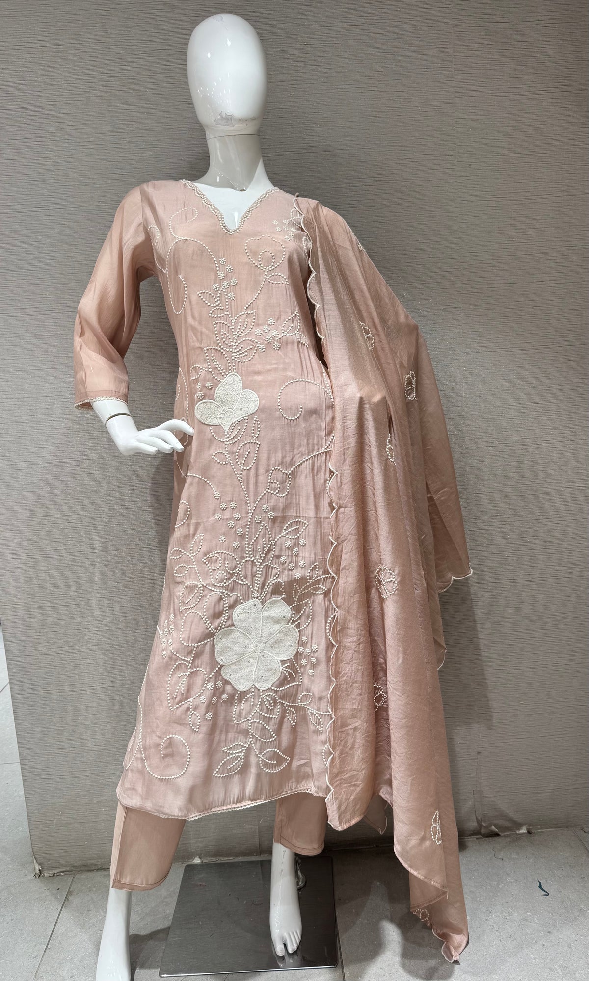 Mauve Cotton silk Floral Kurta set with dupatta