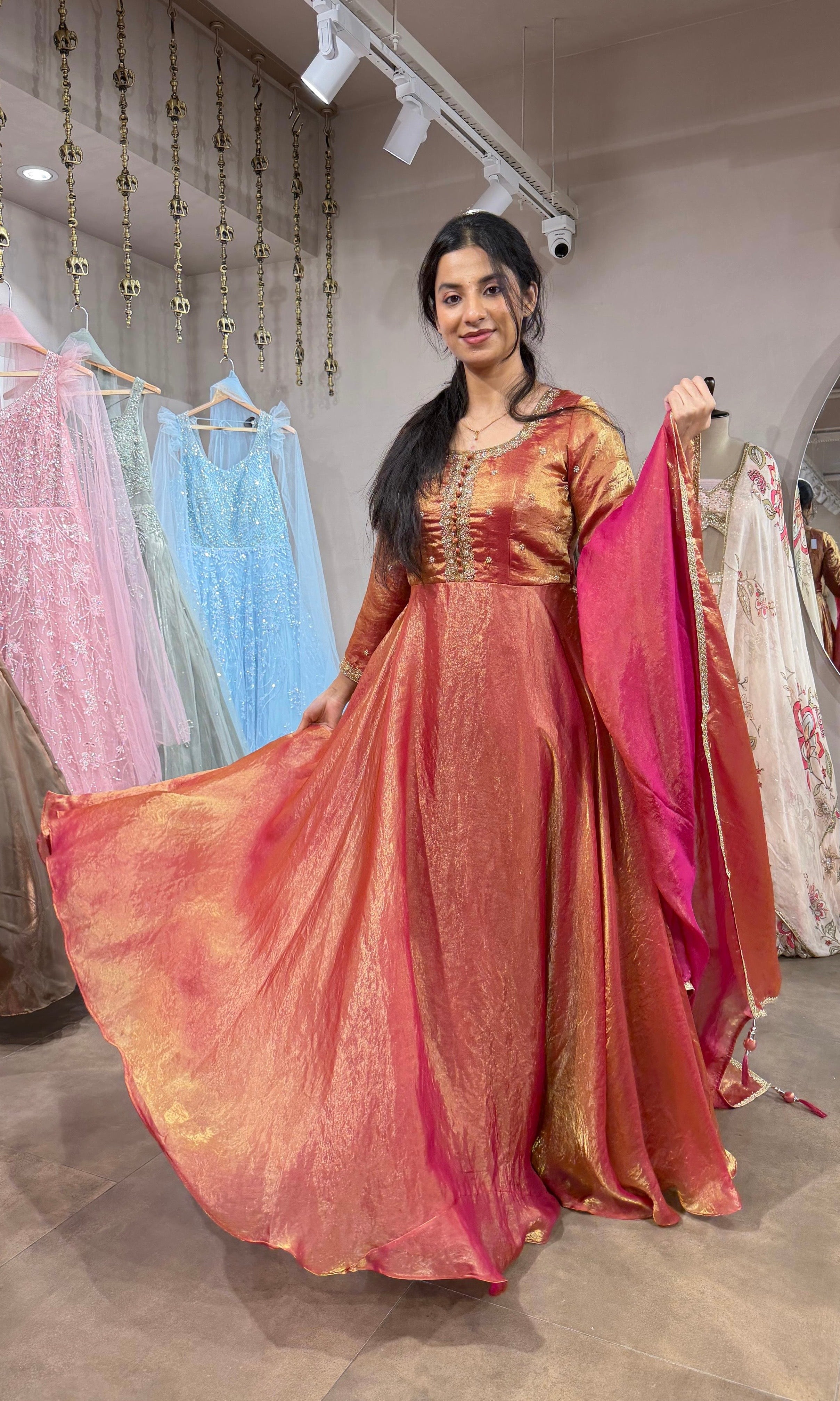 Shimmering RUST-Gold Silk Tissue Anarkali Set