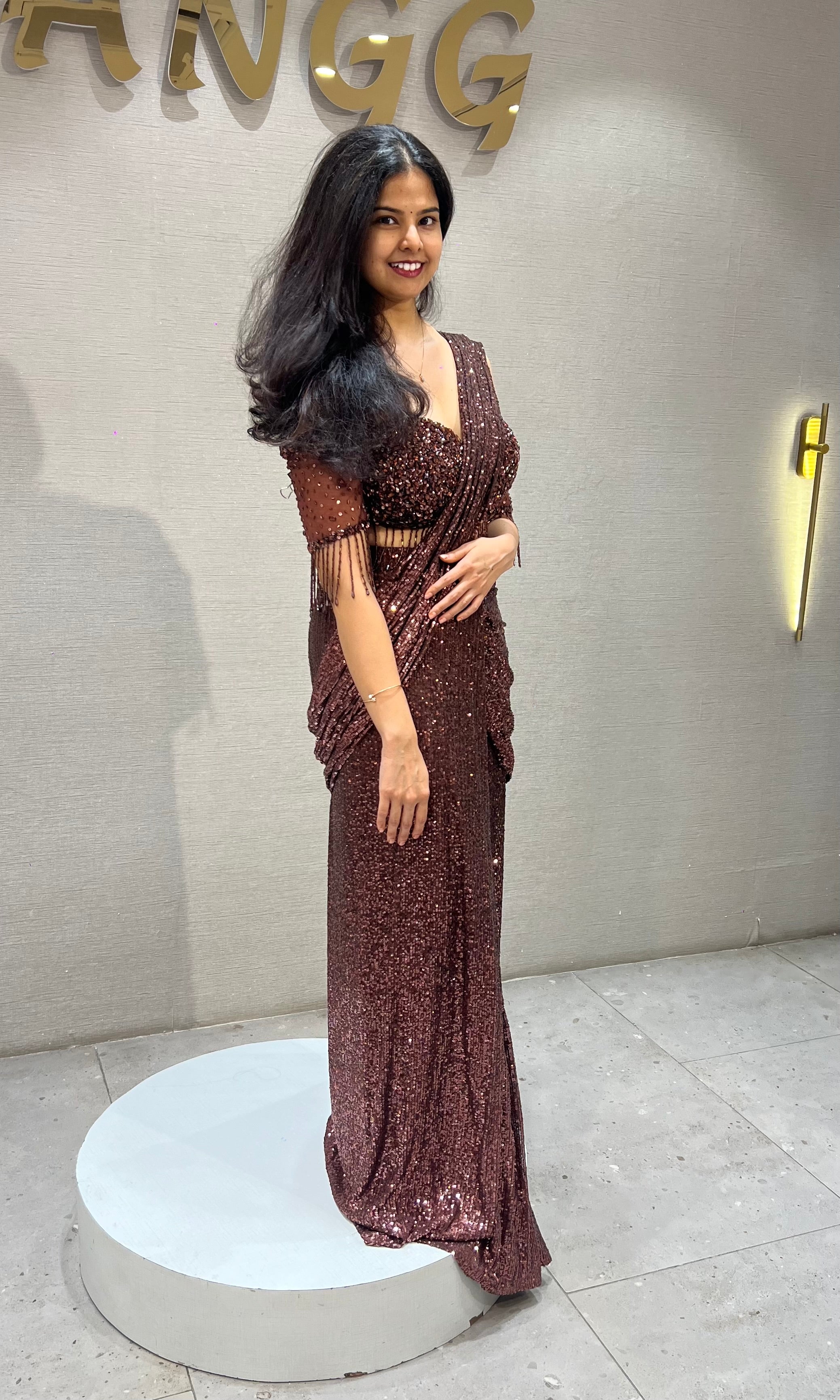 Copper Sequined Draped Saree with Off-Shoulder Blouse