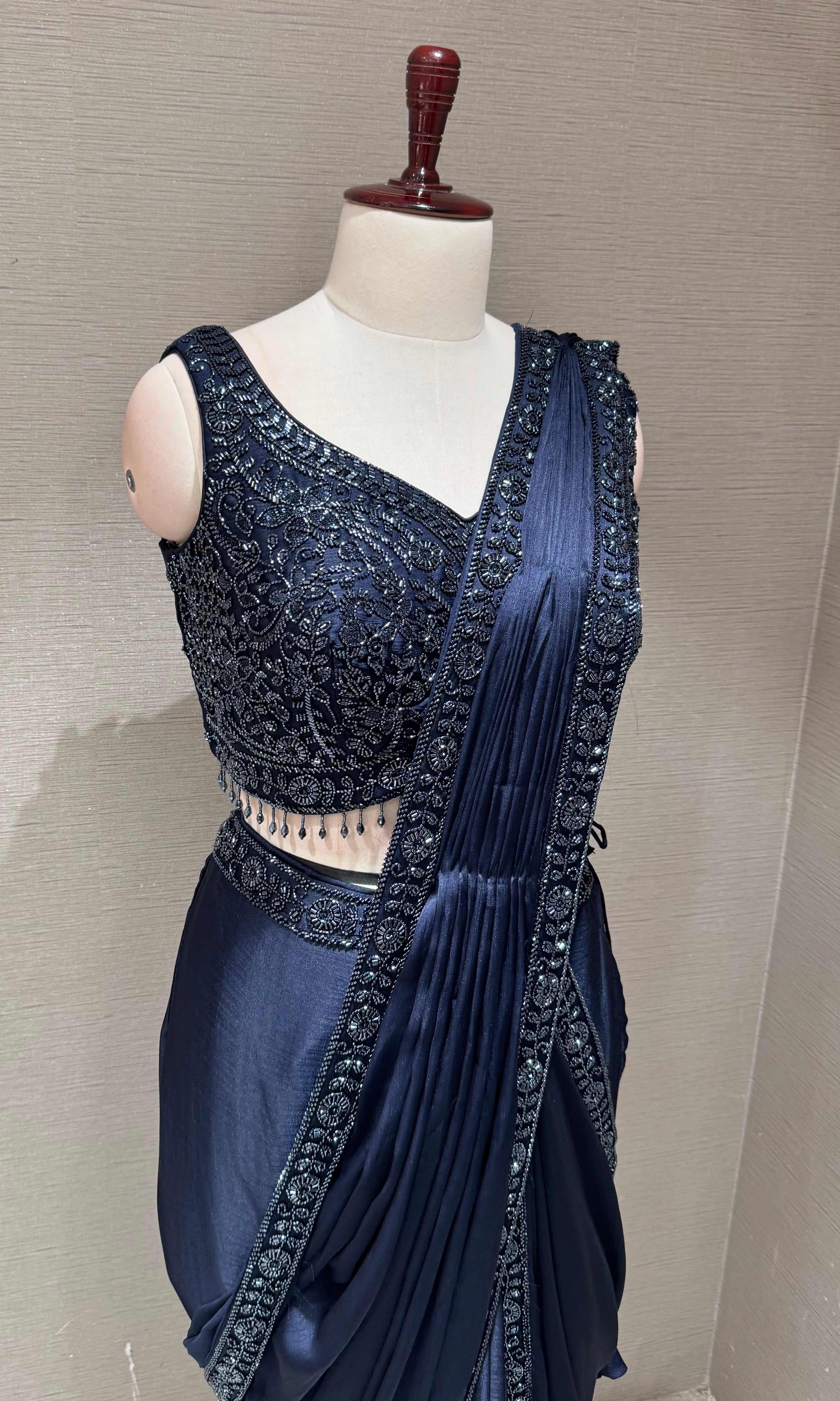 Navy Blue Embellished Draped Saree with Ethnic Blouse