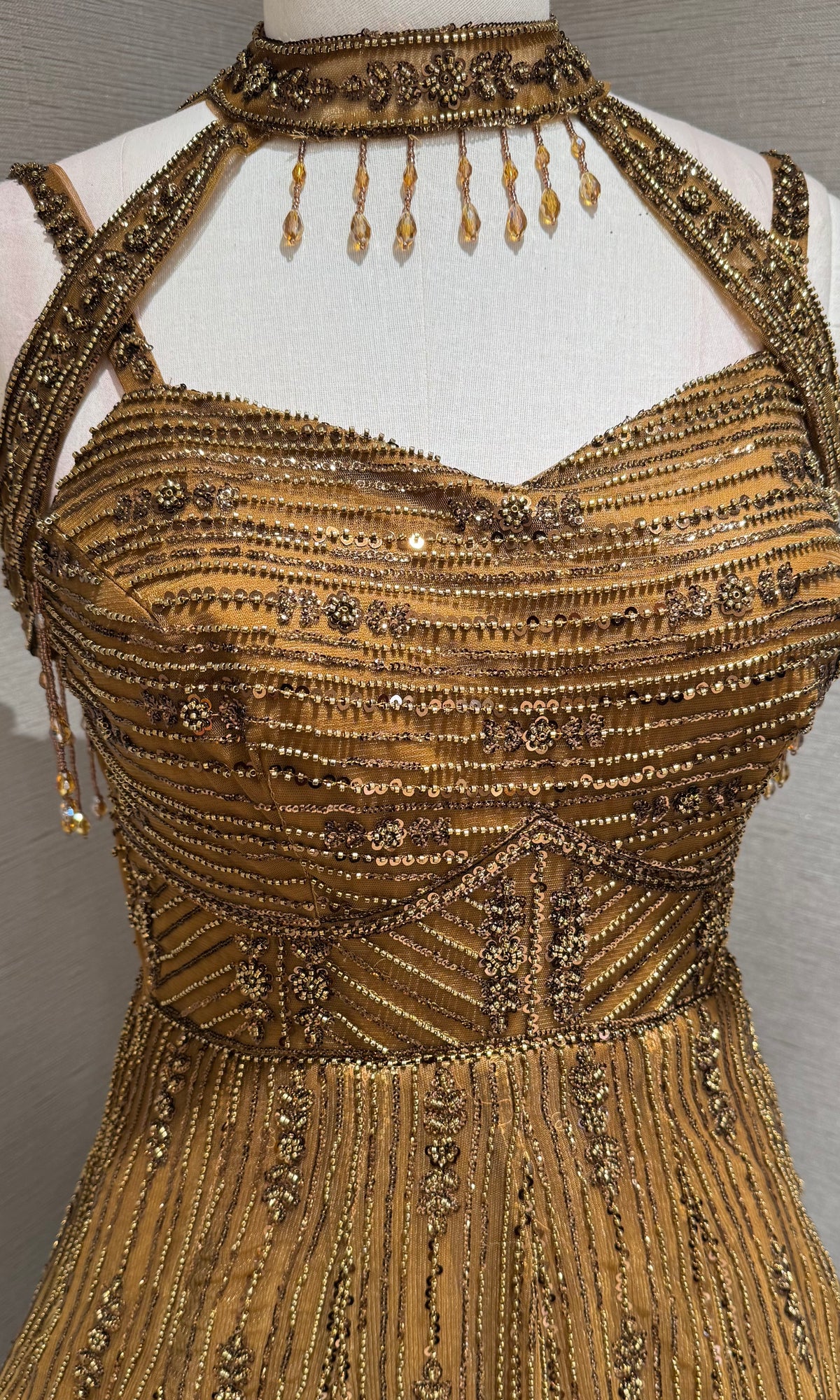 Brown Halter Neck Ballgown with Sheer Cap Sleeves