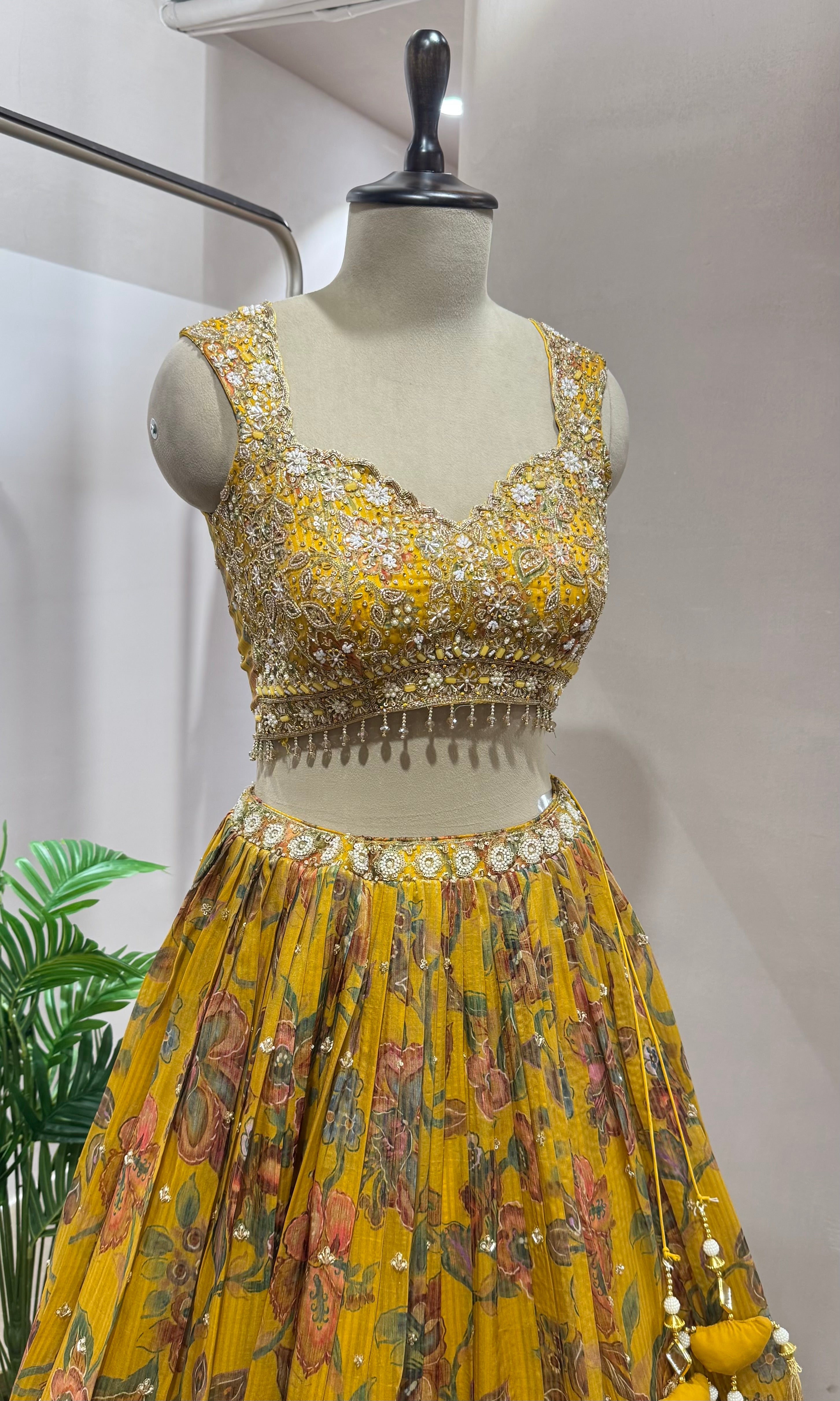 Mustard floral embroidery Lehenga