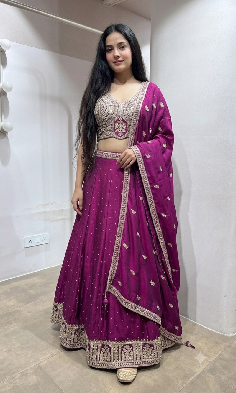Wine Floral Intricate Embroidery Lehenga