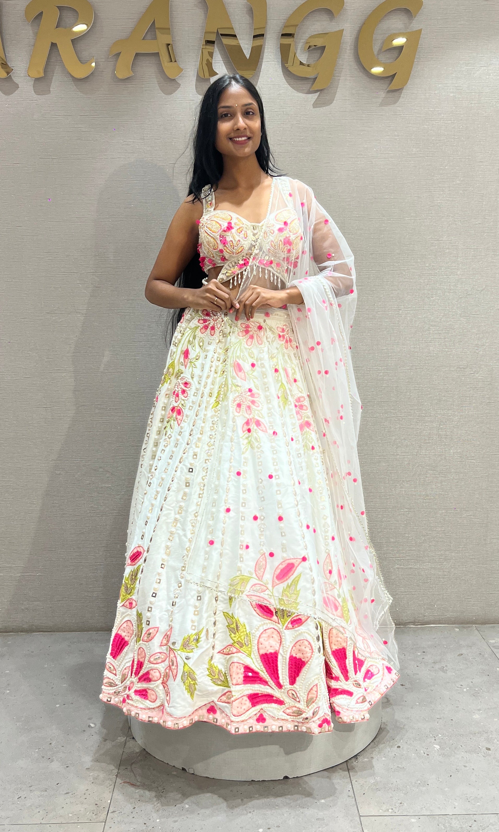White Shimmering Botanical Lehenga Choli