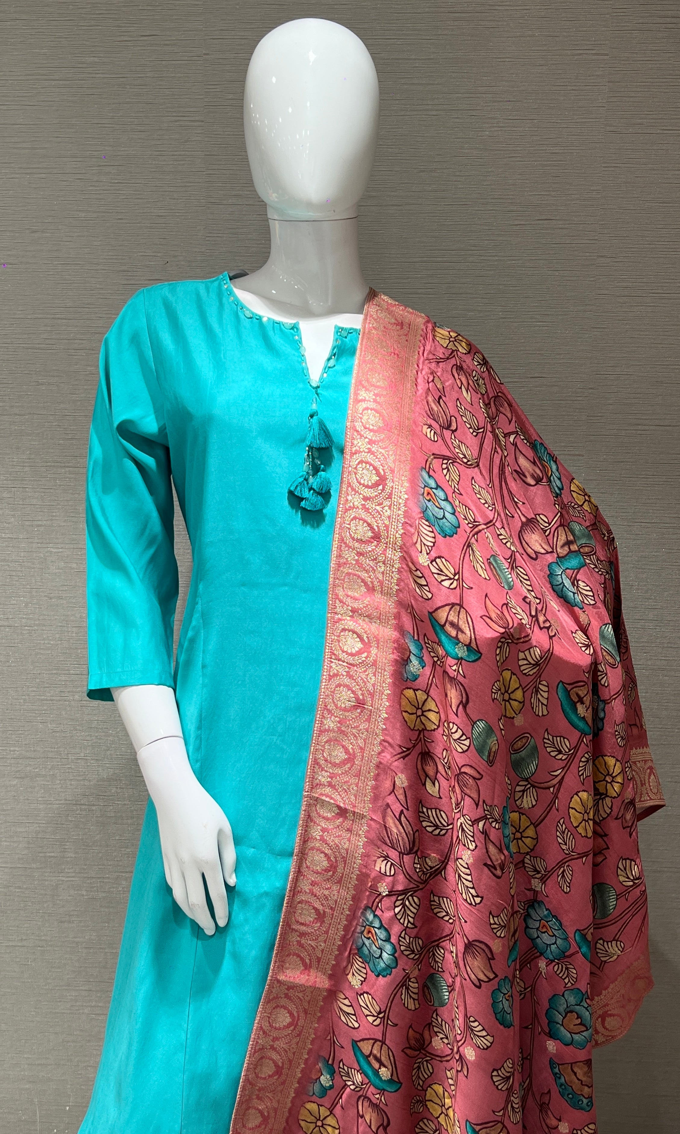 sea blue kurta set with floral printed dupatta