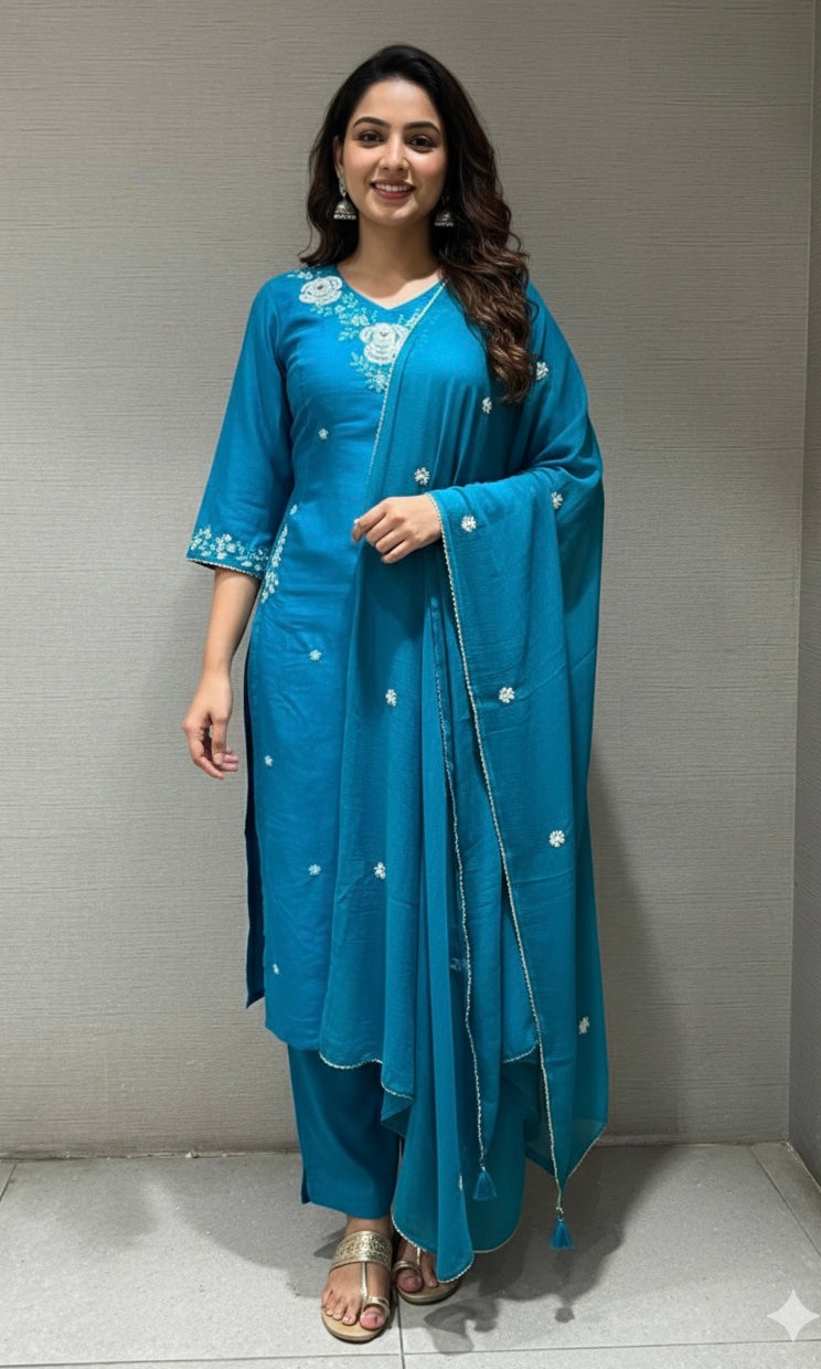 Rama blue floral neckline kurta set