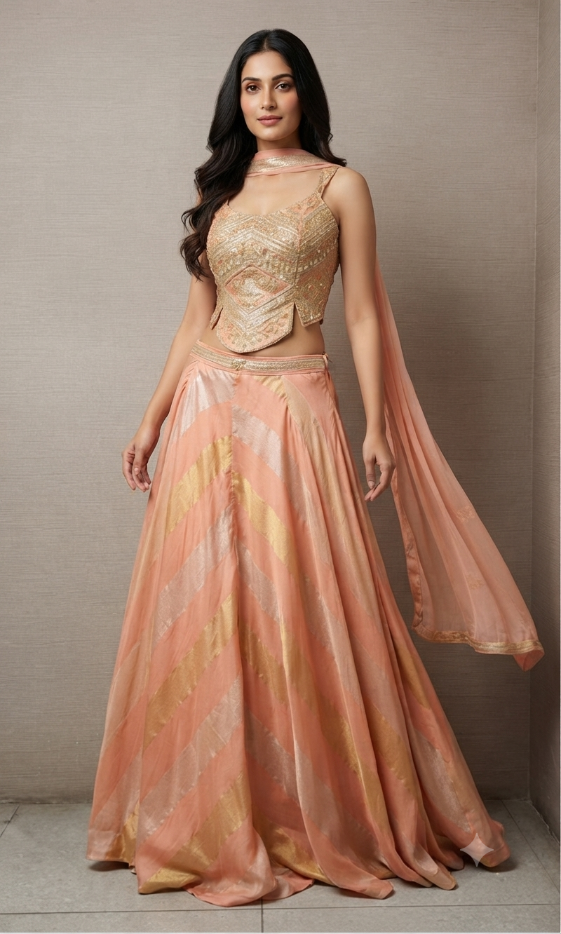 Peach High Glam Gold Crop Top Palazzo set