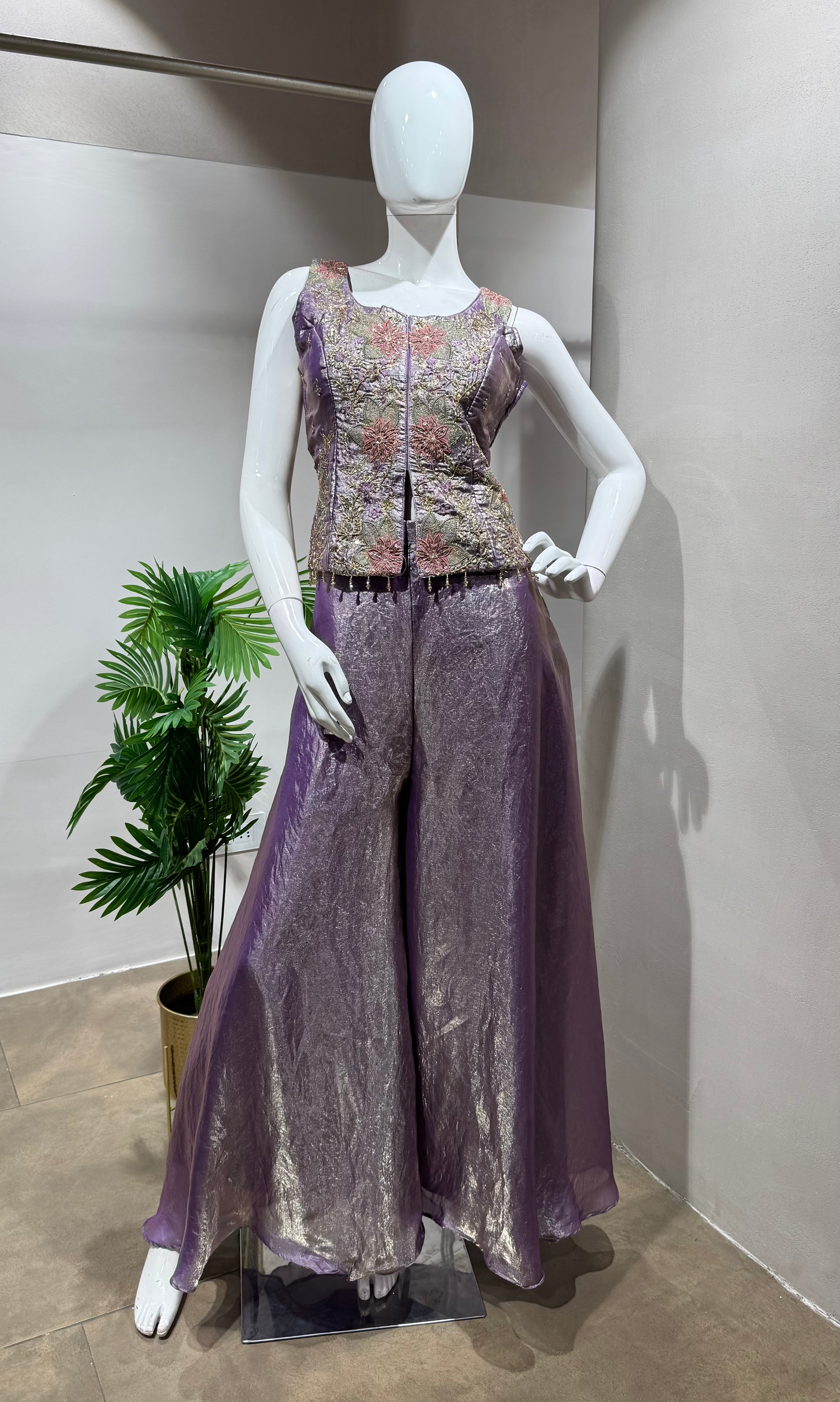 purple blossom tissue palazzo set