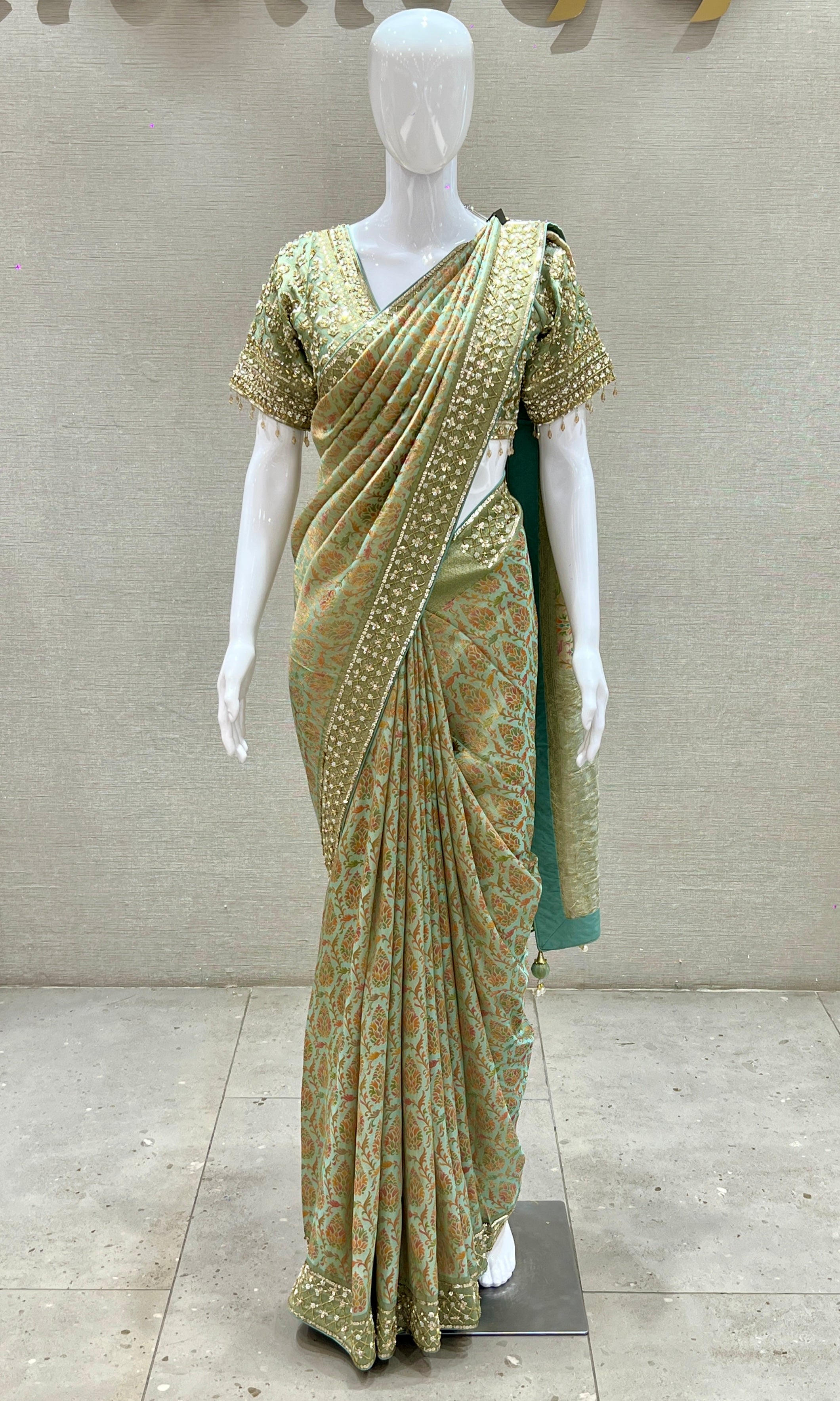 Green saree with ready blouse