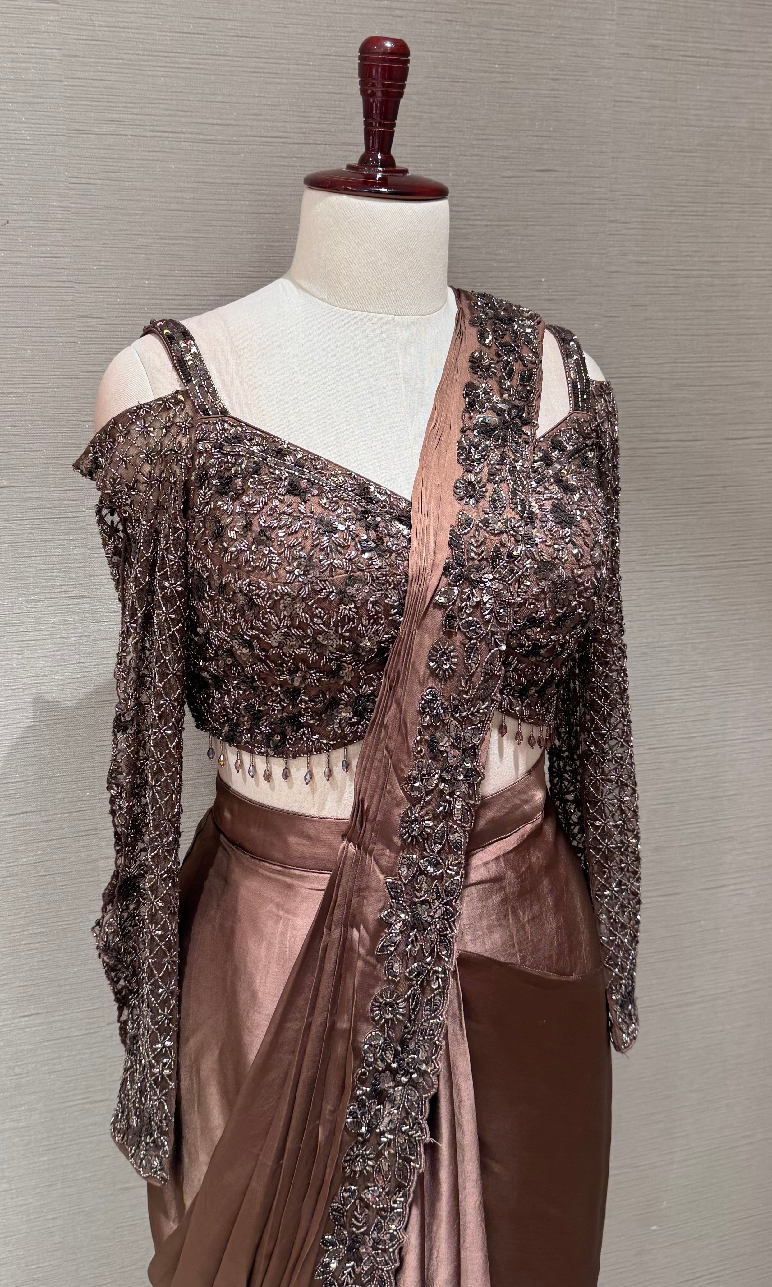 Chocolate Brown Draped Satin Saree Set