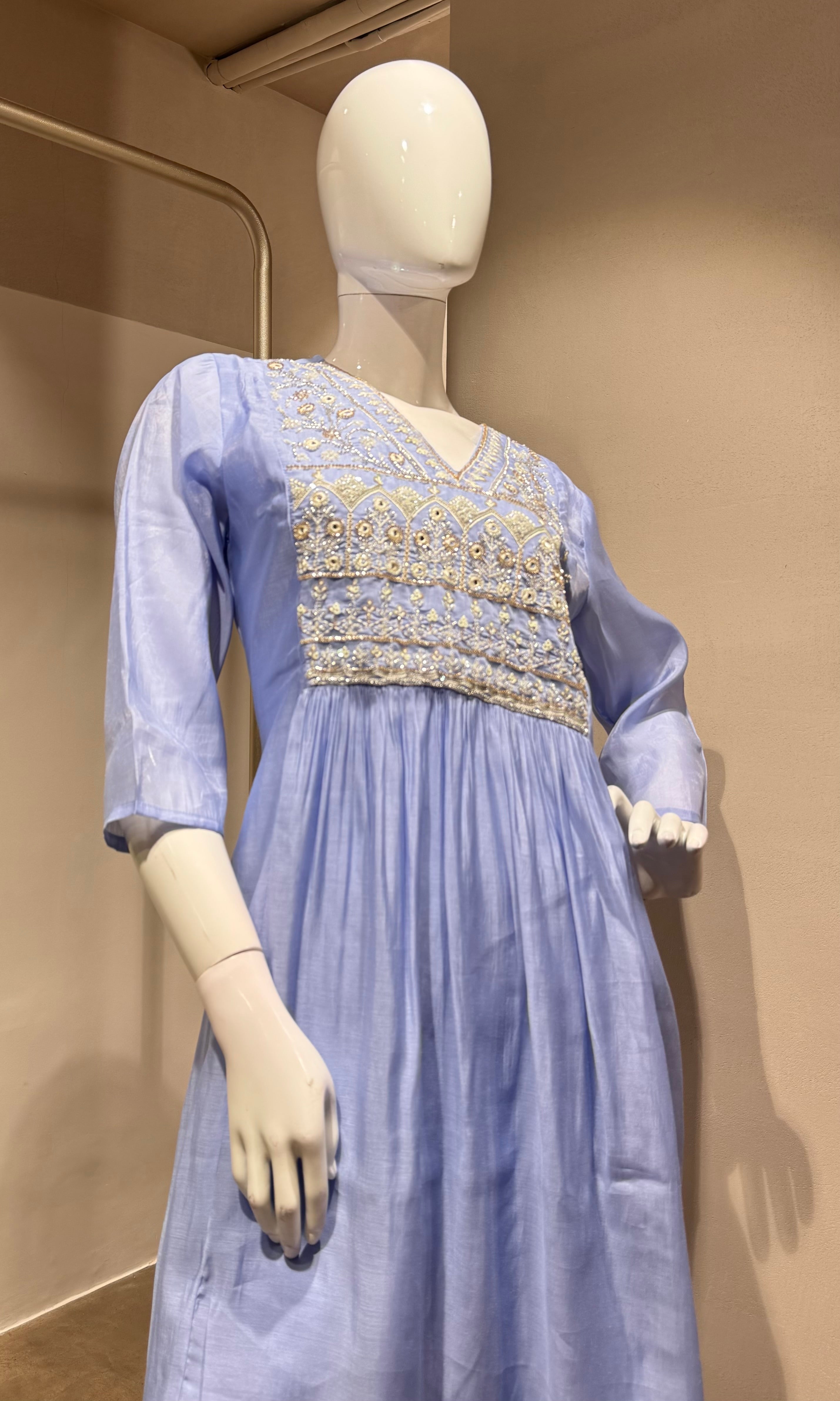 Sea blue pearl mul chanderi kurta set