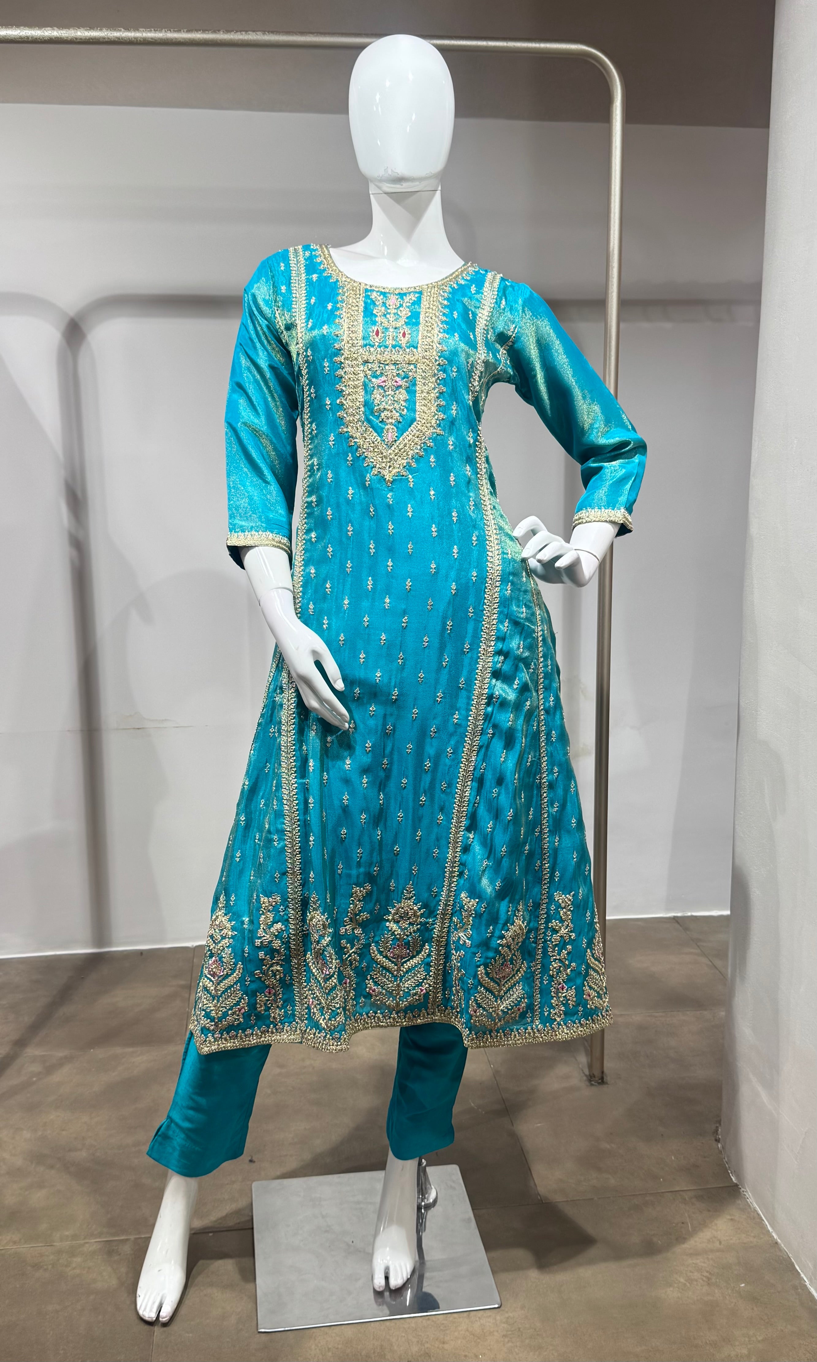 Blue golden embroidered kurta set