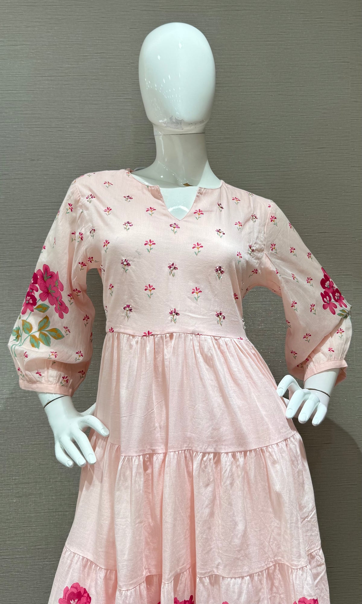 Pink Floral Print Tiered Ethnic Anarkali kurta set