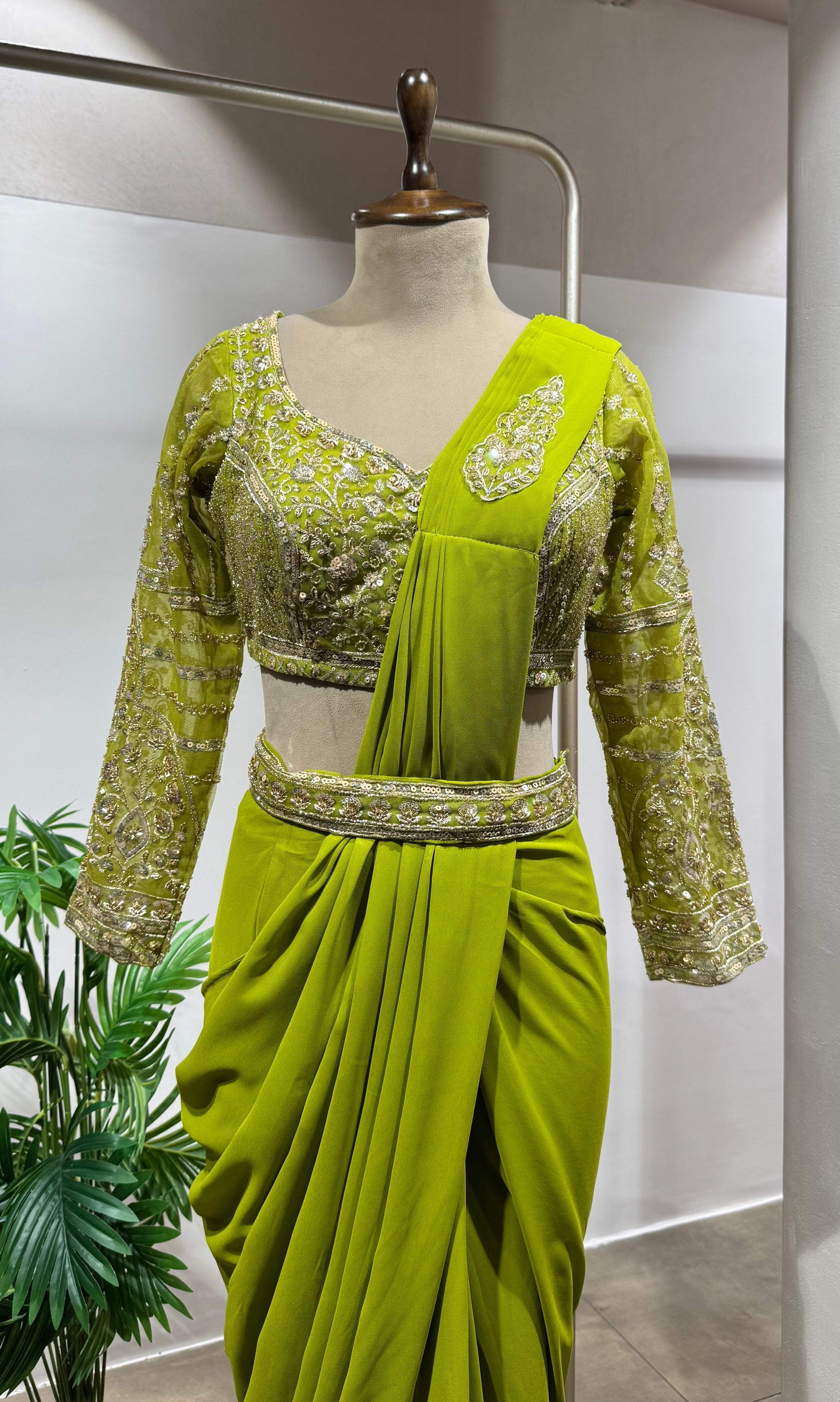 Lime Green Drape Saree WITH BLOUSE & BELT