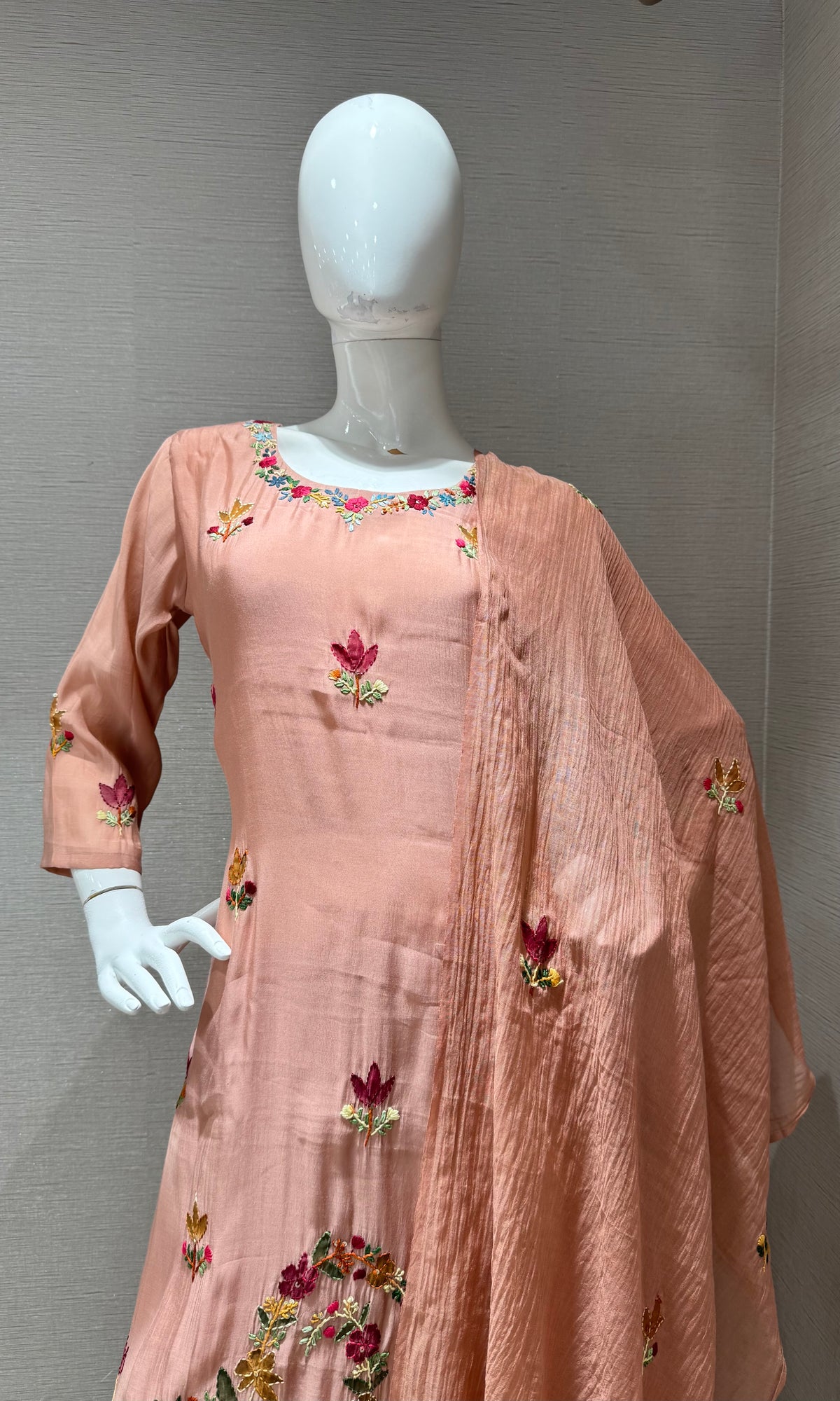 Peach Blossom Floral Embroidered Cotton Silk Kurta set