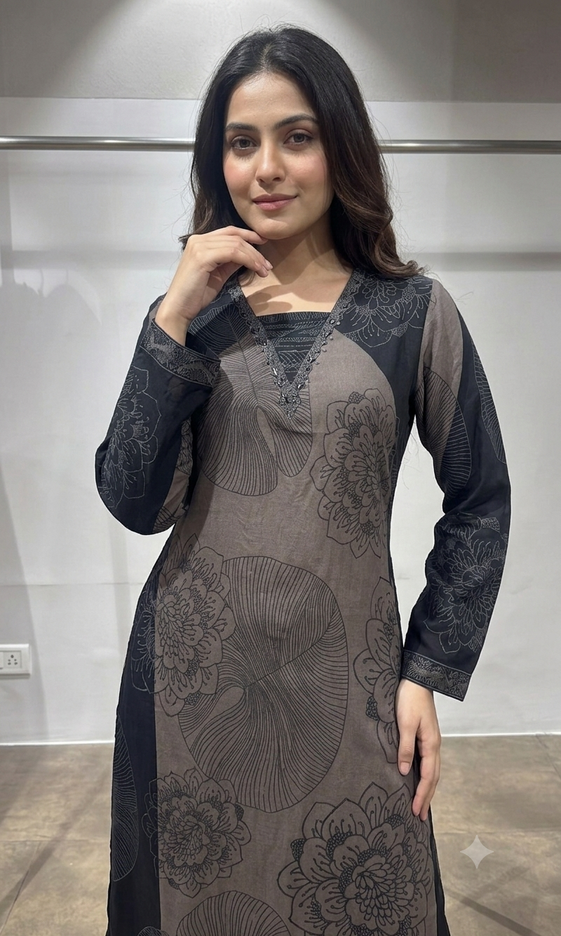 Grey Charcoal Damask Layered Kurta Set