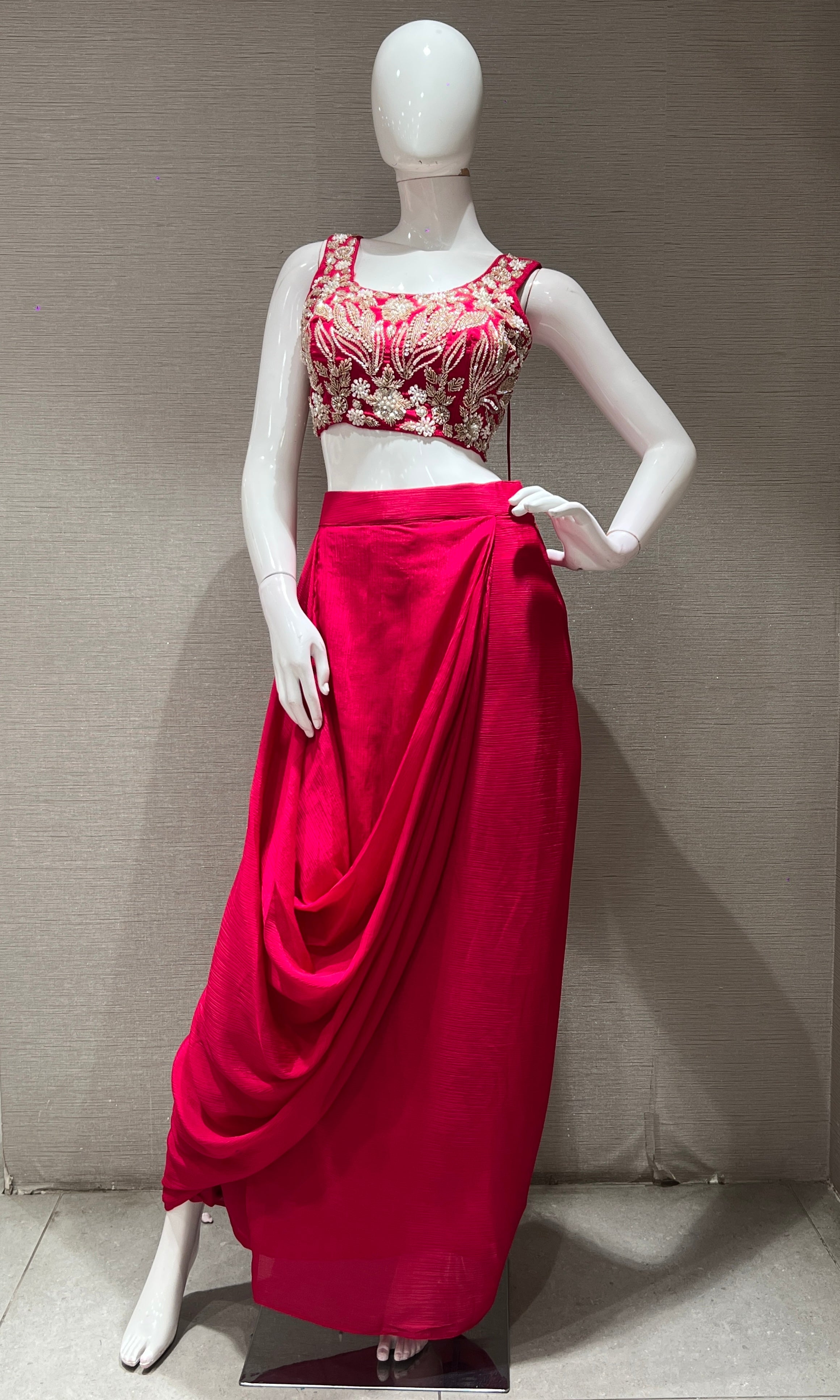 PINK EMBROIDERED BLOUSE with draped skirt & cape