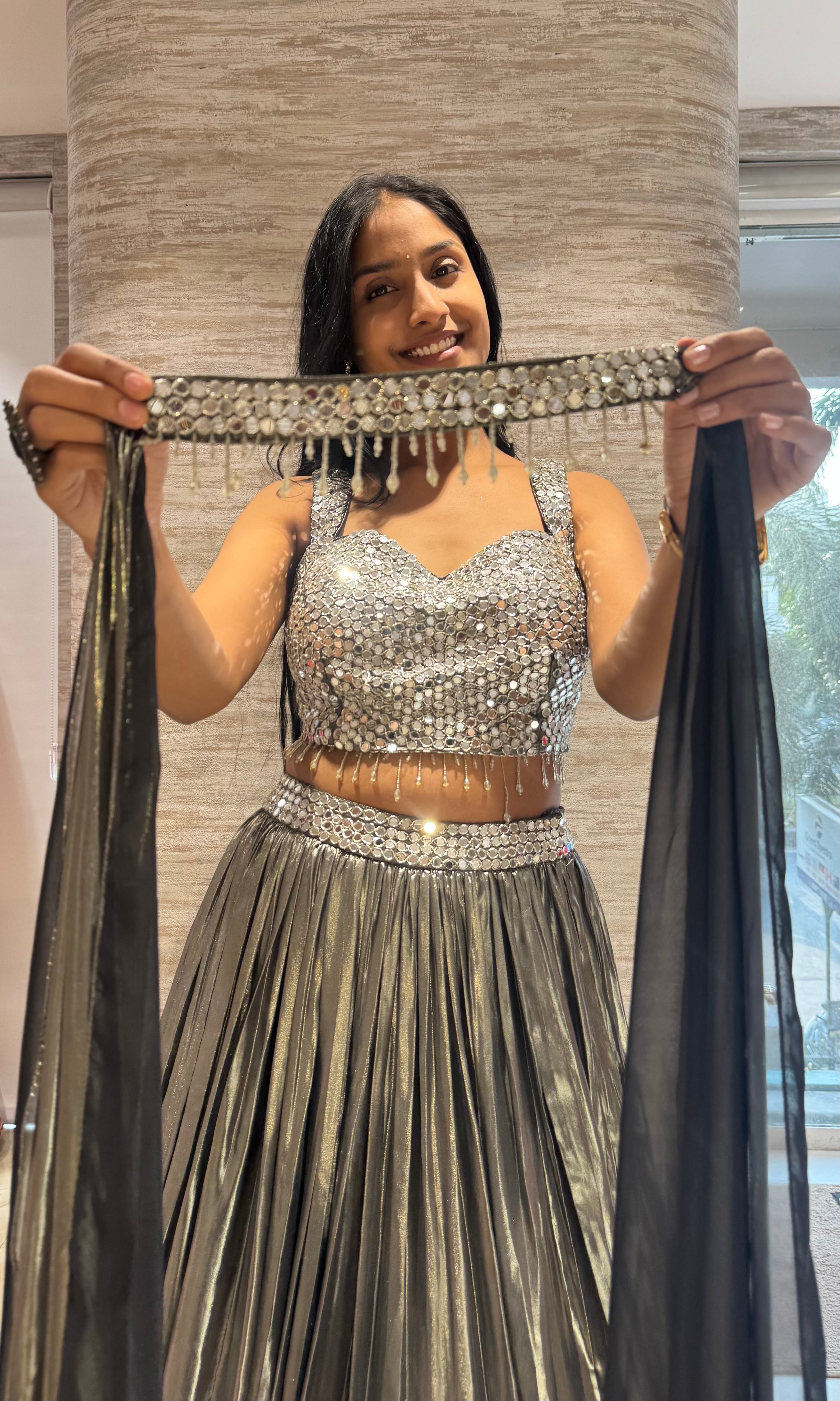 OLIVE GREEN pleated metallic LEHENGA SET