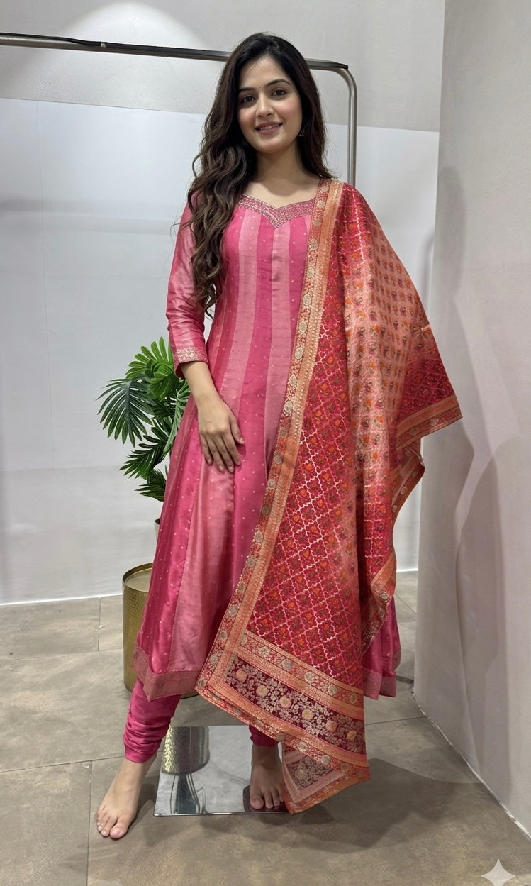 Light pink striped anarkali set